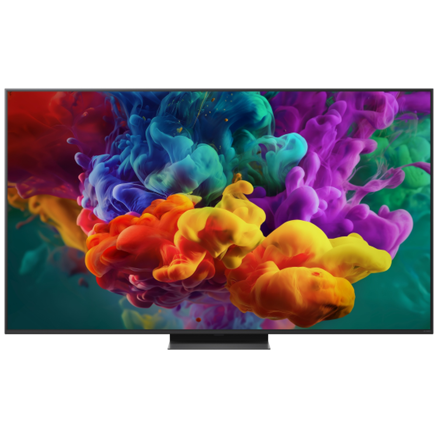 A modern television displays a vibrant, abstract image of colorful smoke clouds.