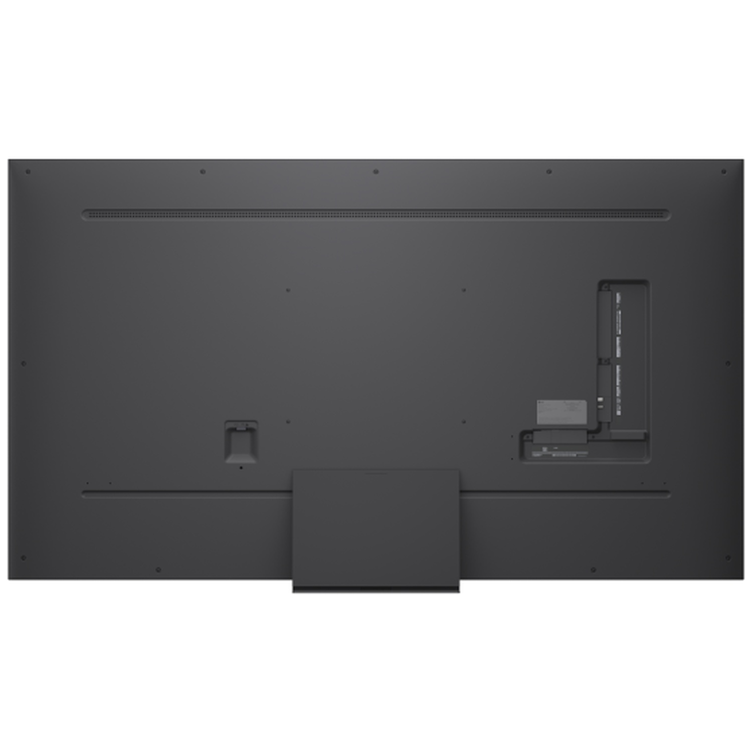 Back of a large black television with ports and a stand.