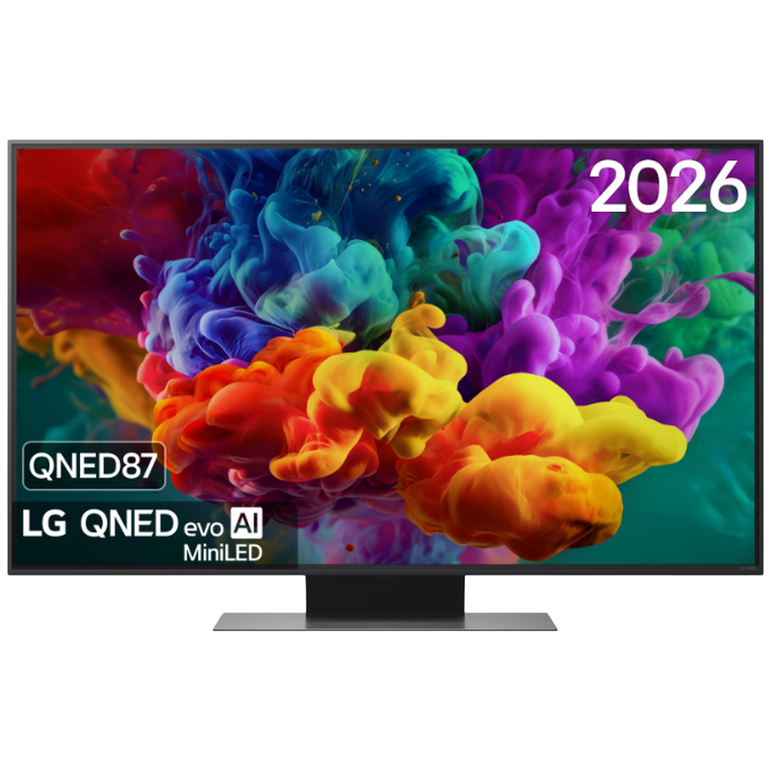 An LG QNED evo AI MiniLED 2026 TV displays colorful smoke clouds.