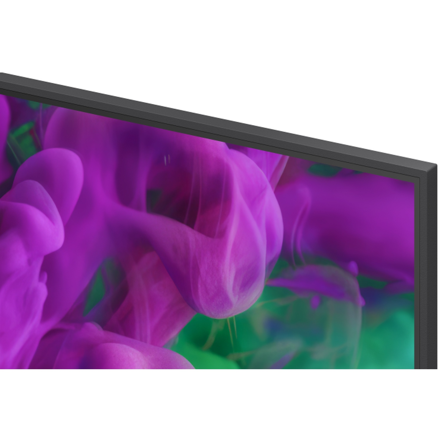 A TV screen displays a swirling abstract pattern of purple and green colors.