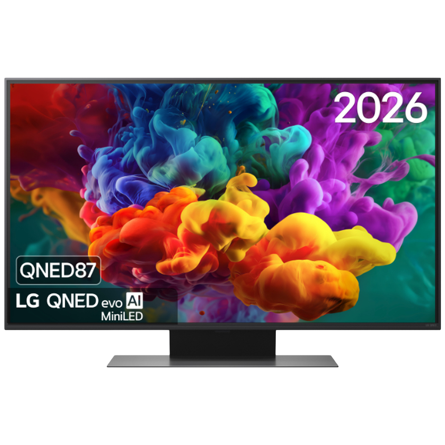 LG QNED87 MiniLED TV displays vibrant colored smoke and the year 2026.