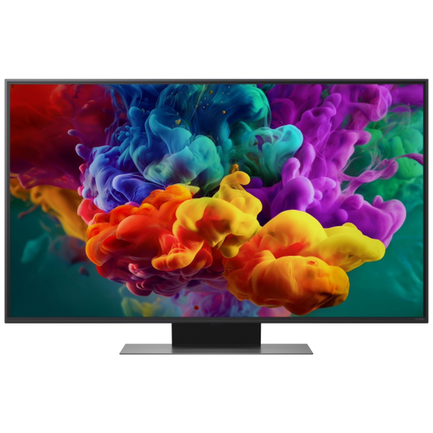 A modern television displaying a colorful ink explosion screensaver.