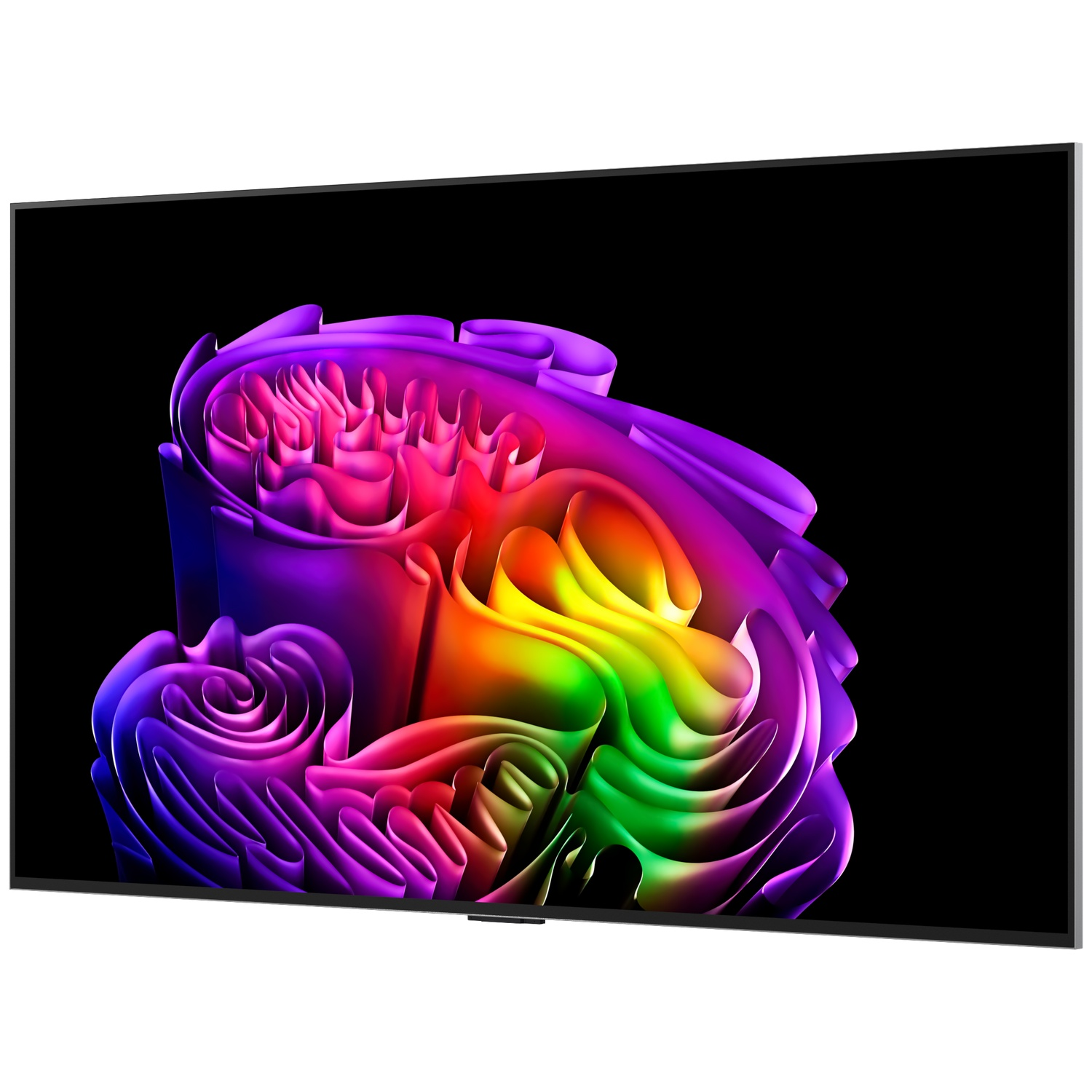 Une télévision moderne affiche un motif abstrait aux couleurs de l'arc-en-ciel sur fond noir.