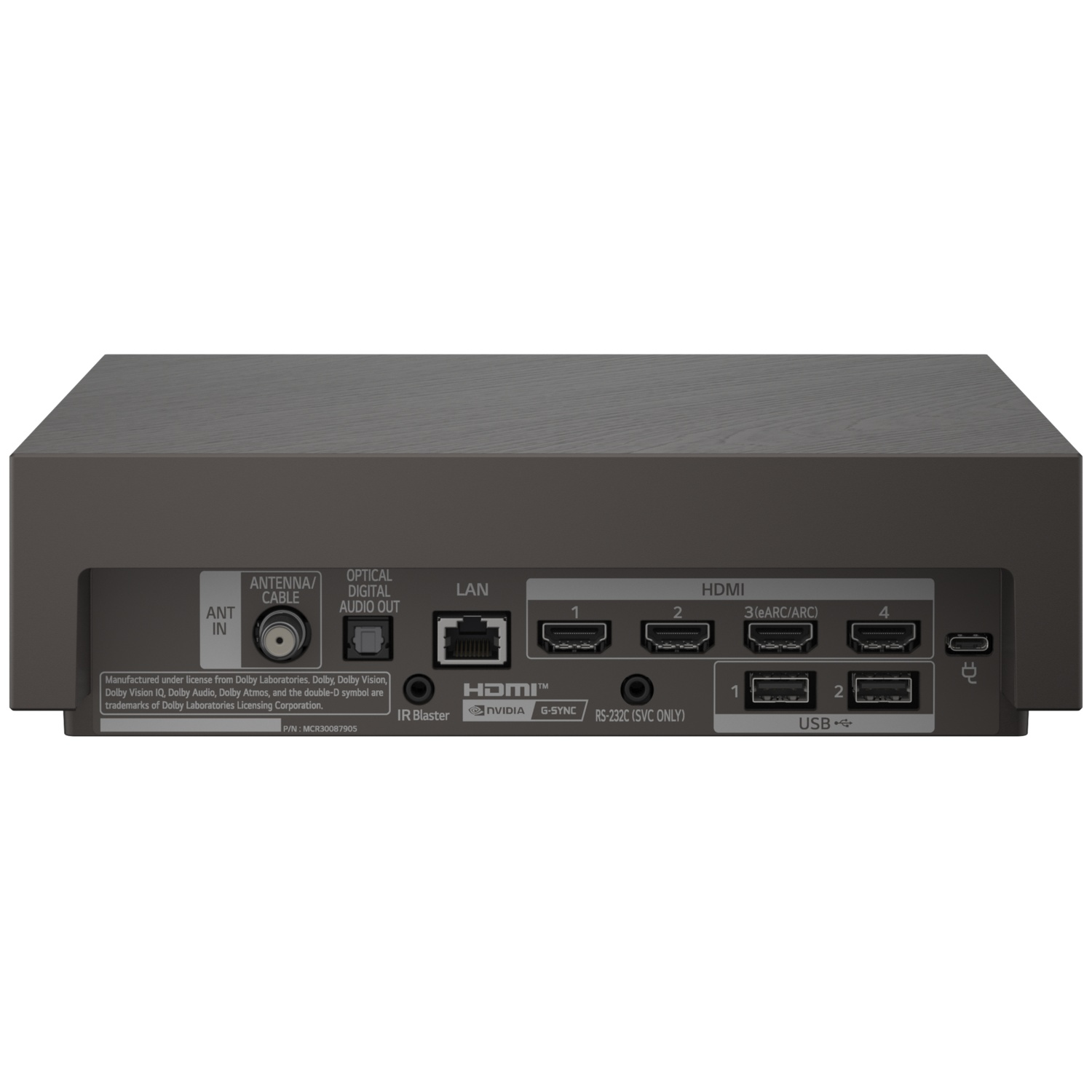 Vue arrière d'un appareil sombre montrant les ports: Antenne, Optique, LAN, 4x HDMI, USB.