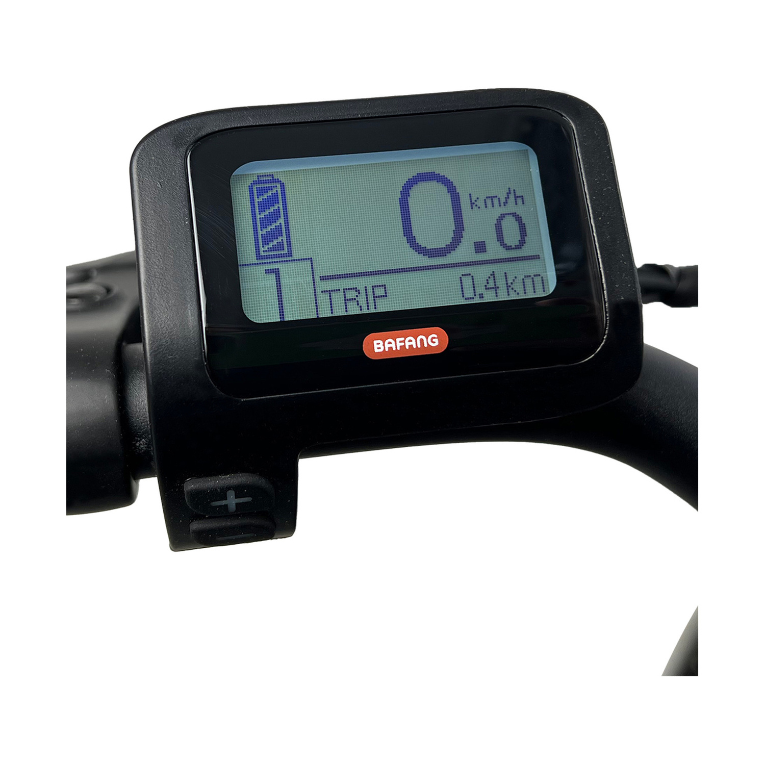 Display e-bike con batteria, 0 km/h, 0,4 km percorso e logo Bafang.