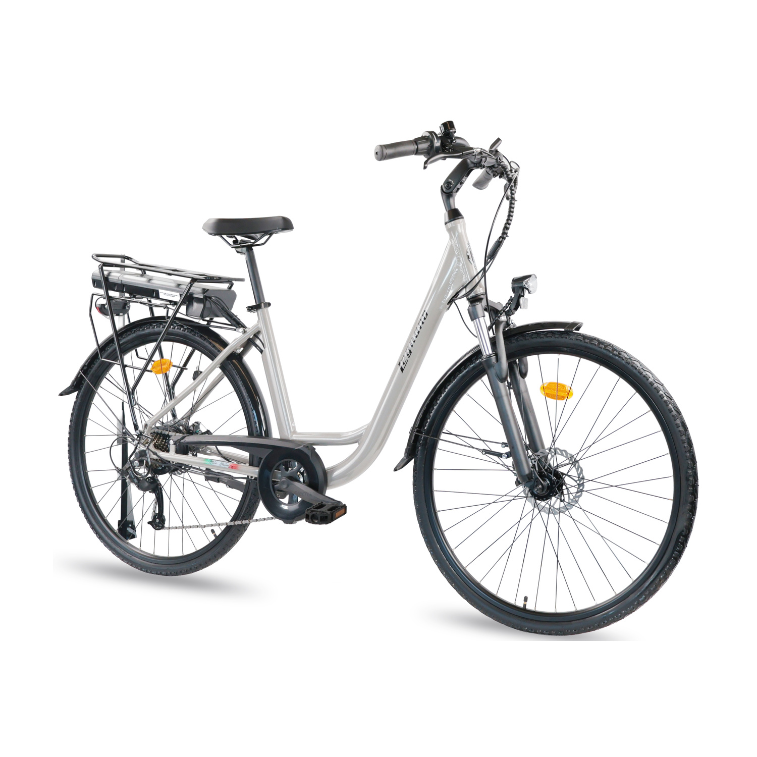 Una bicicletta elettrica argentata con portapacchi e batteria, sfondo bianco.