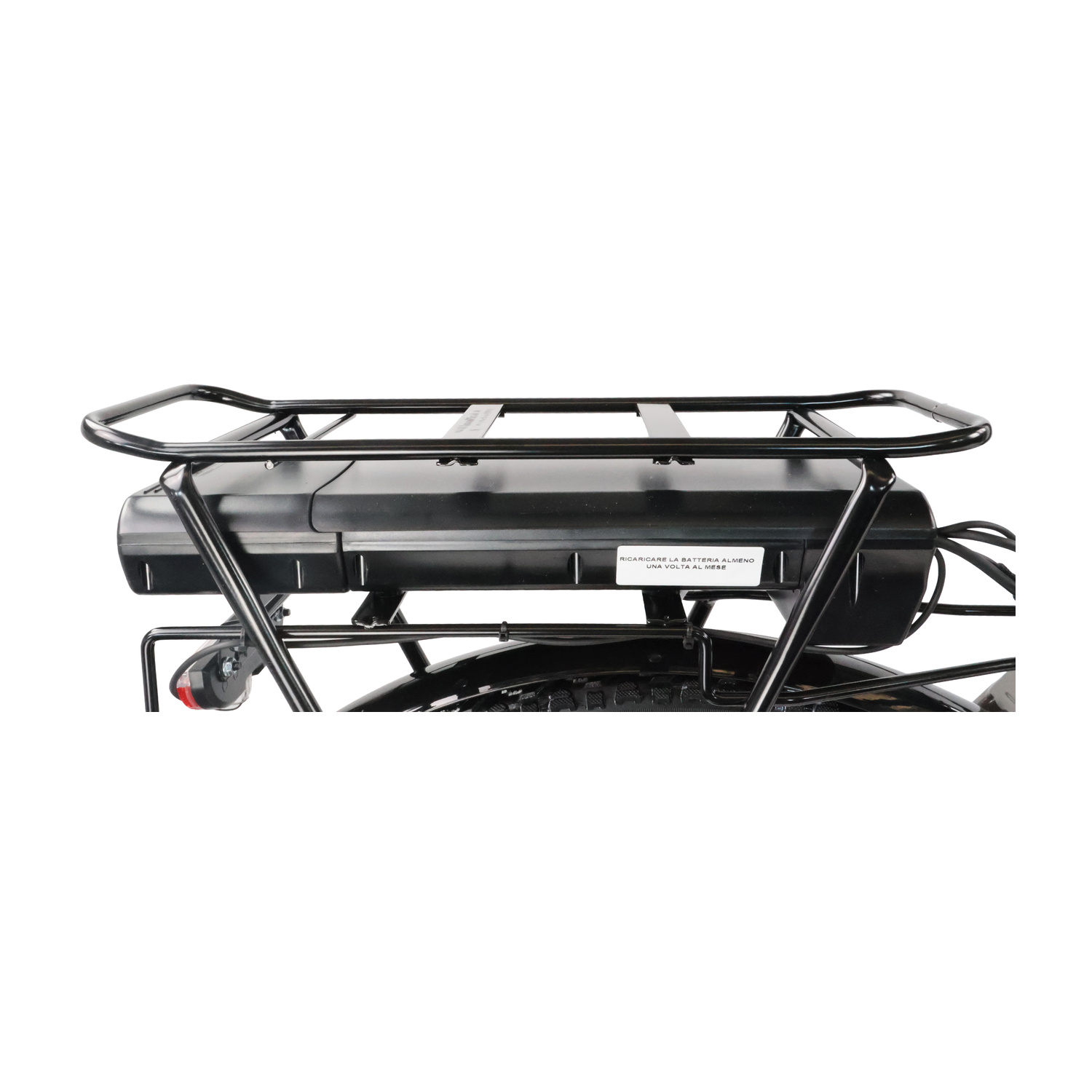 Portapacchi posteriore nero per bicicletta con batteria e fanale.