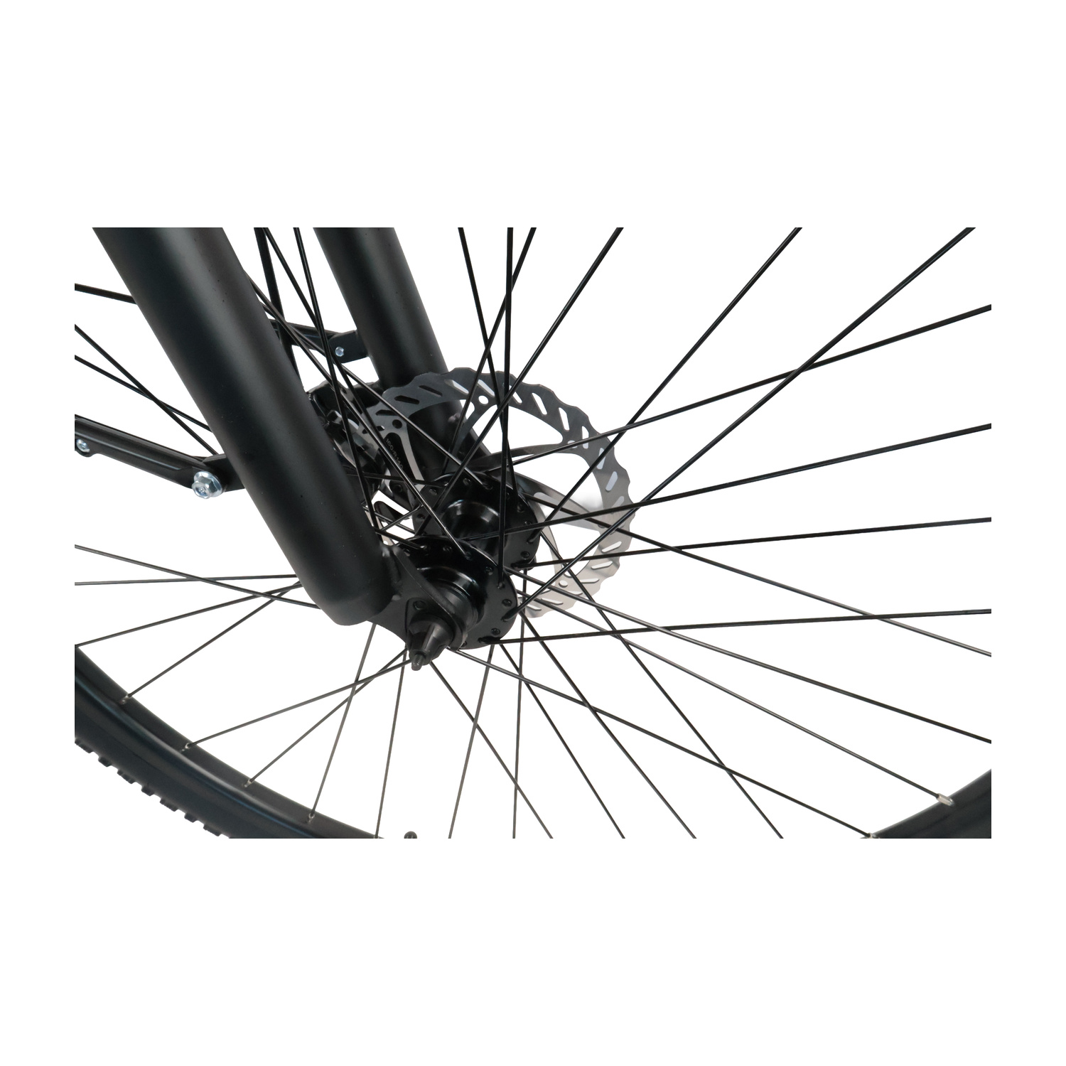 Primo piano di una ruota di bicicletta nera con freno a disco e forcella nera.