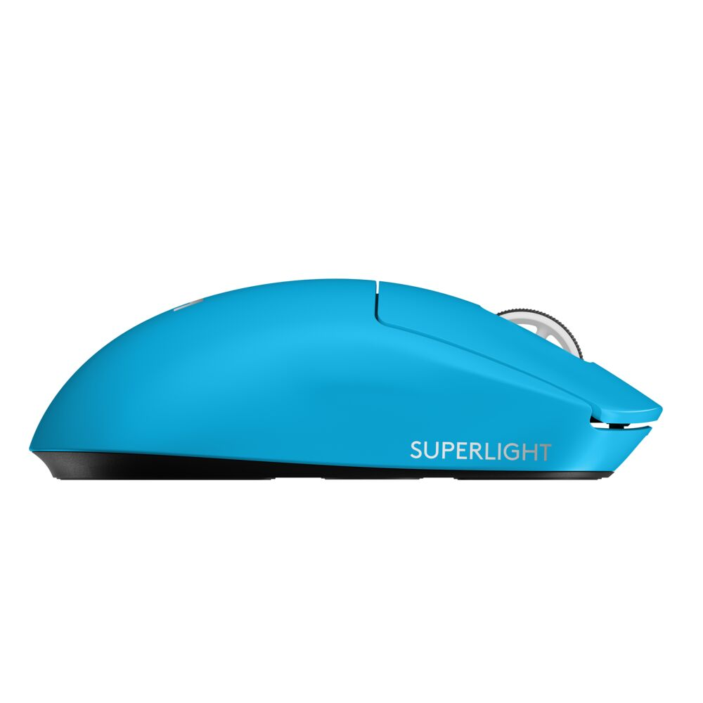 Un ratón de ordenador inalámbrico azul "Superlight" sobre fondo blanco.