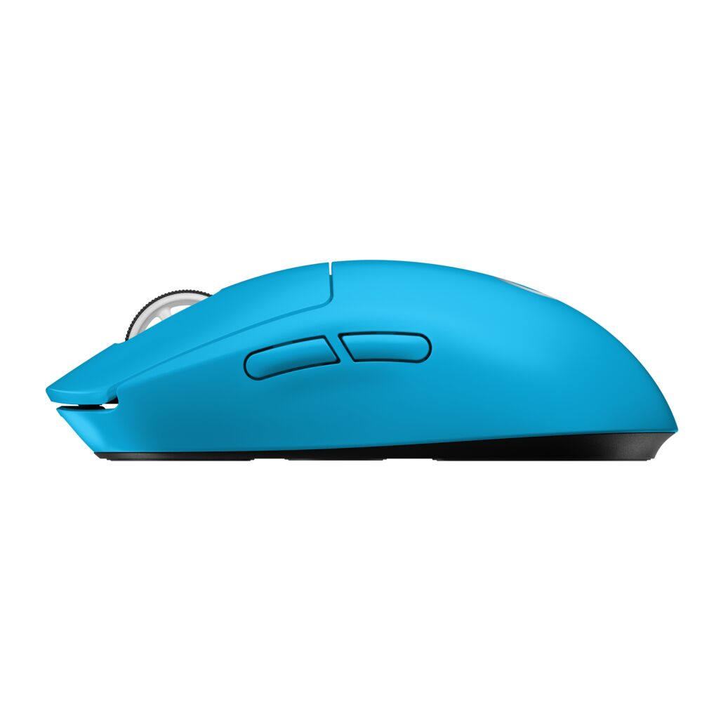 Un ratón de ordenador azul con rueda de desplazamiento y dos botones sobre fondo blanco.