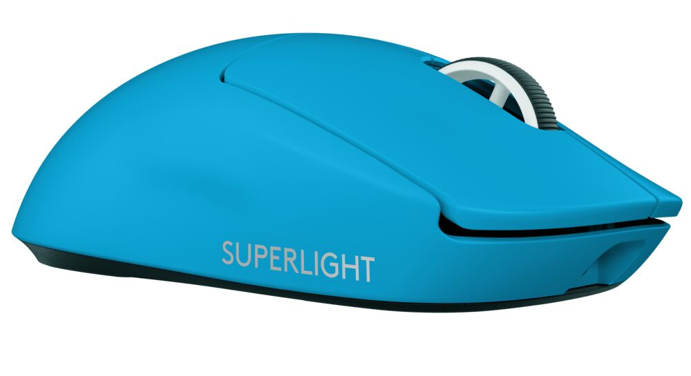 Un ratón de ordenador azul con rueda de desplazamiento plateada y texto SUPERLIGHT.