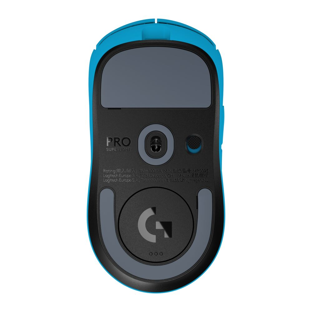 Parte inferior de un ratón Logitech G Pro Superlight azul mostrando detalles técnicos.