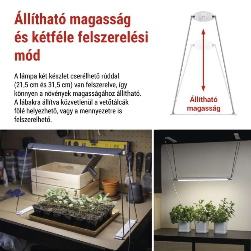 Állítható magasságú növényi lámpa, lábakon vagy mennyezetre szerelhető.