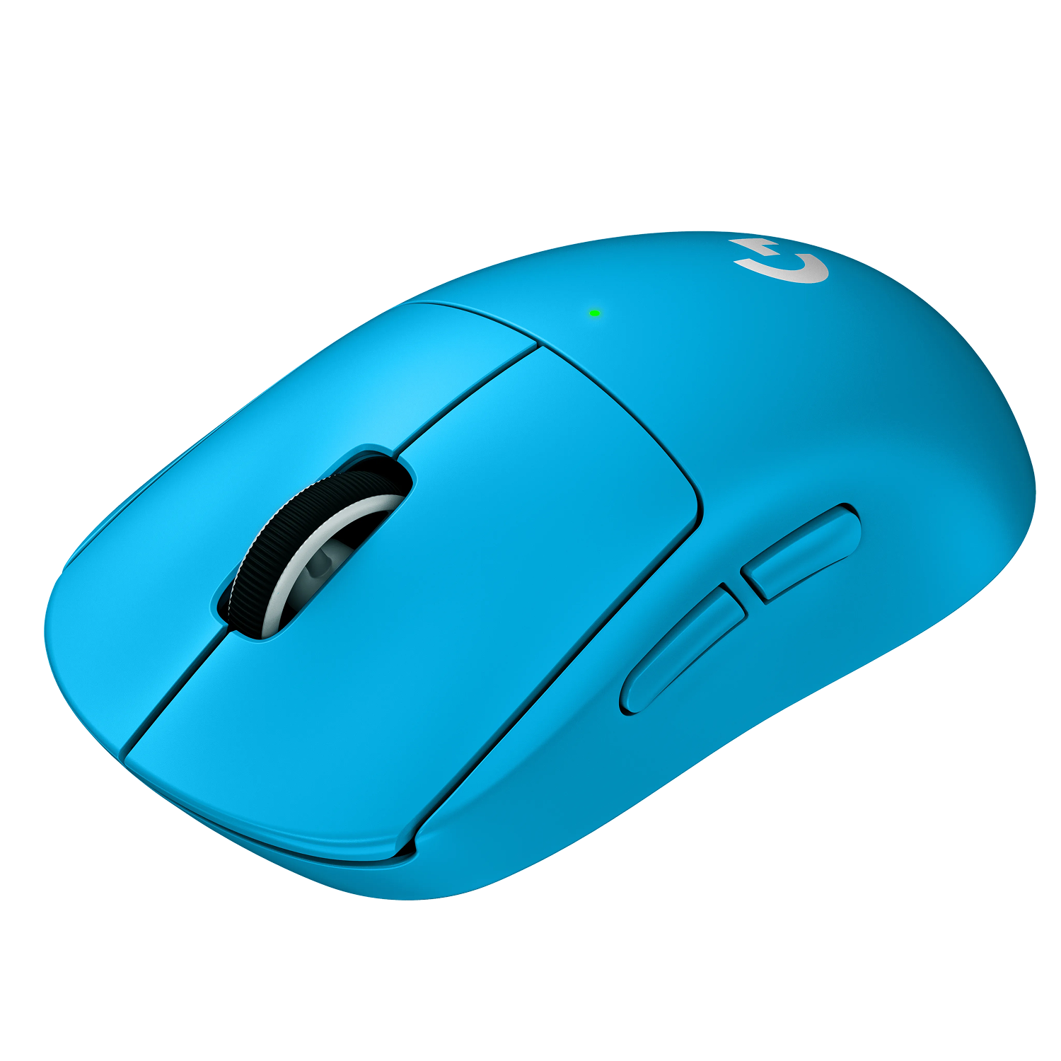 Ratón inalámbrico azul para juegos con rueda de desplazamiento y botón blancos.
