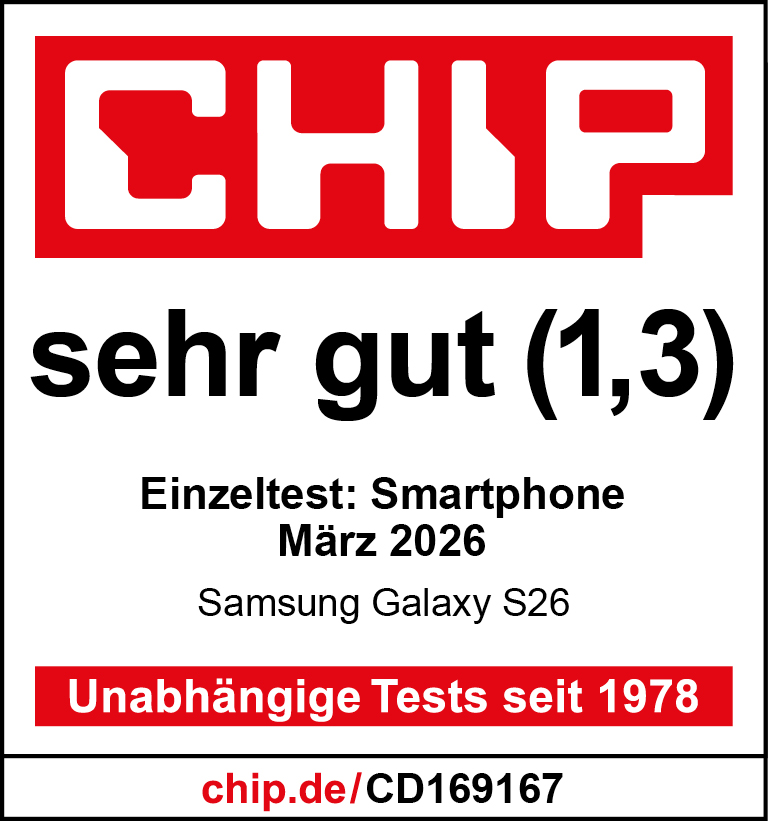 CHIP Logo, "sehr gut (1,3)", "Einzeltest: Smartphone März 2026", "Samsung Galaxy S26"