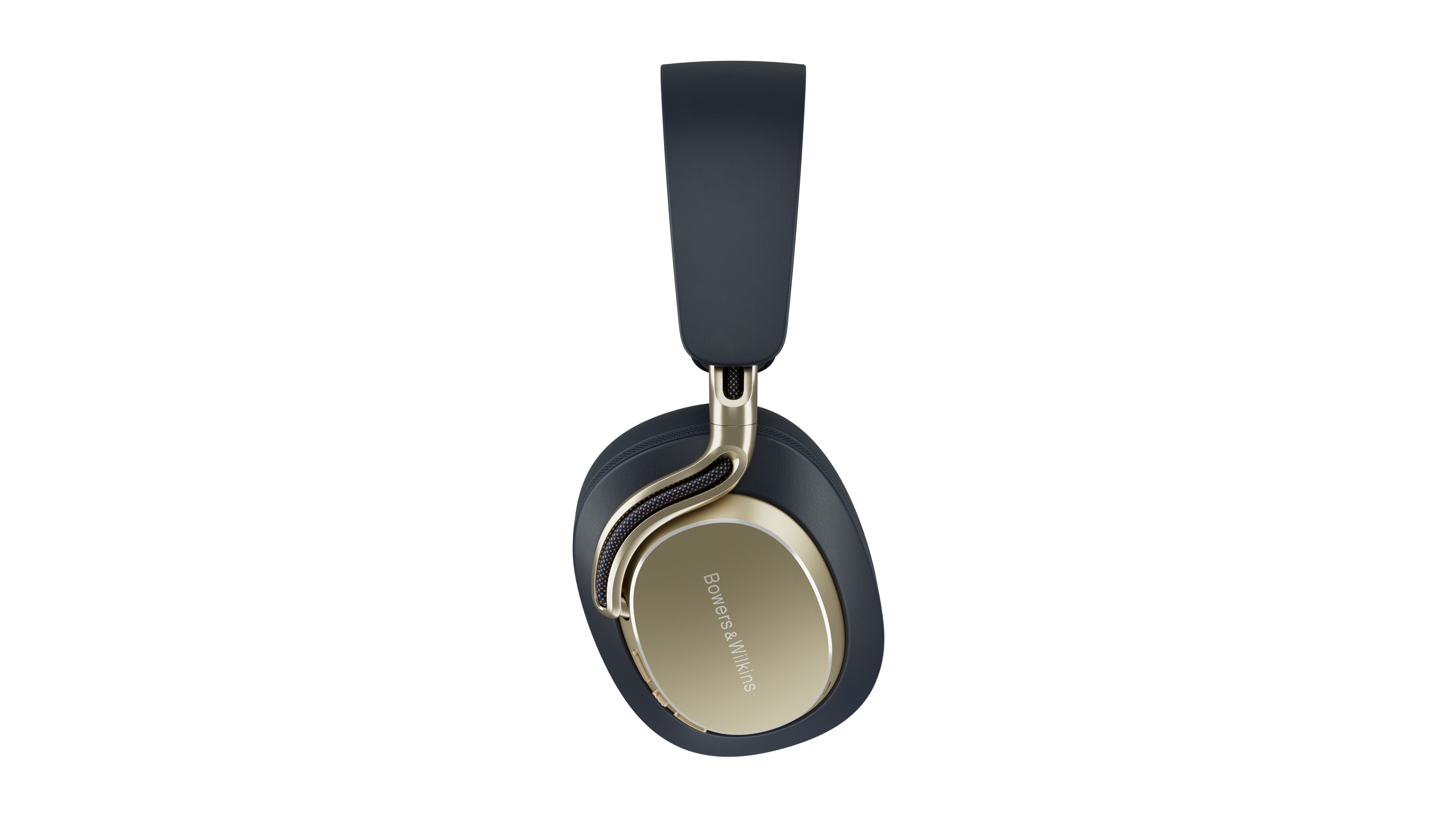 Dunkelblaue Kopfhörer mit goldenen Akzenten und dem Bowers & Wilkins Logo.