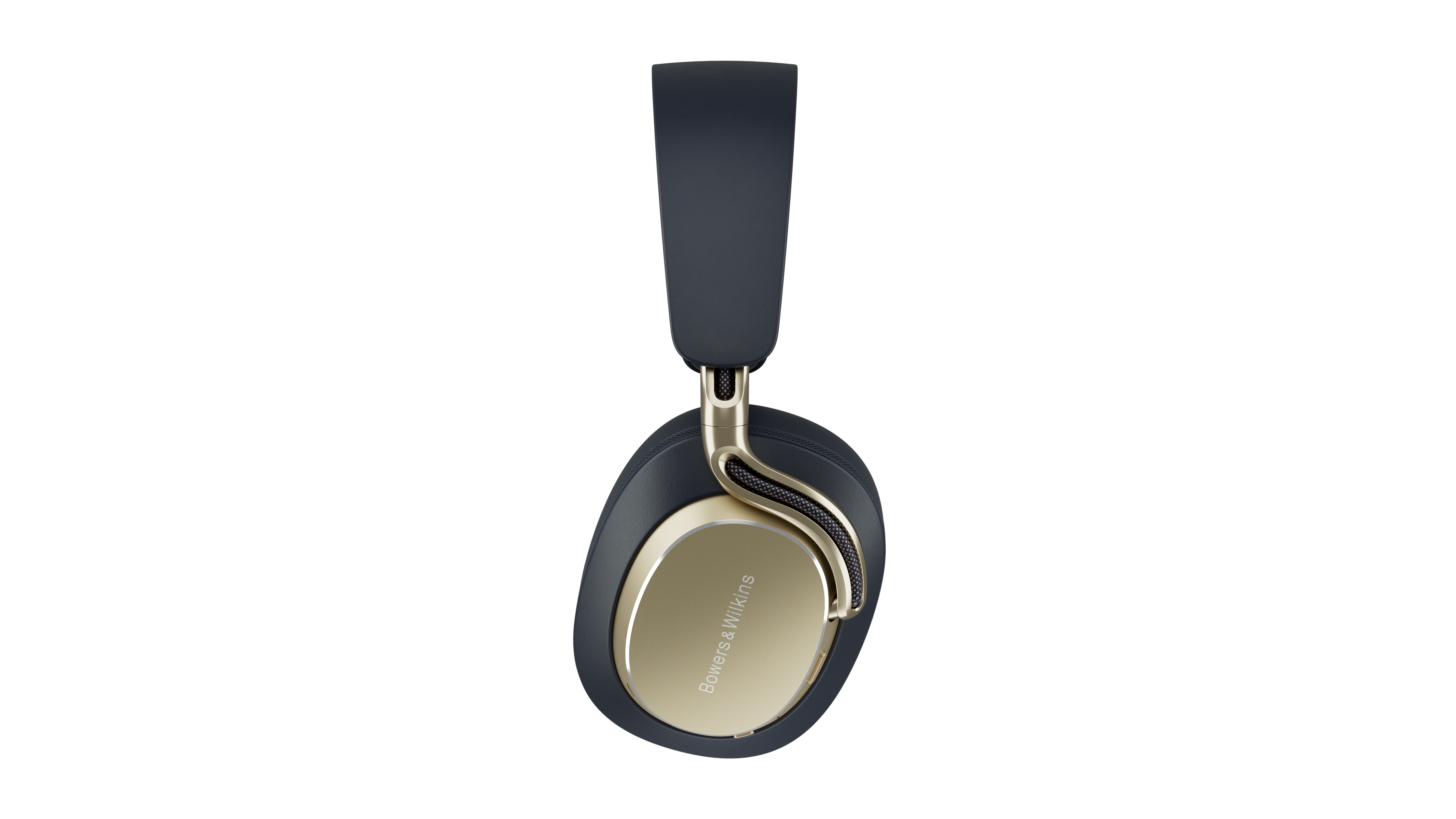 Dunkelblaue Kopfhörer mit goldenen Akzenten und dem Bowers & Wilkins-Logo.