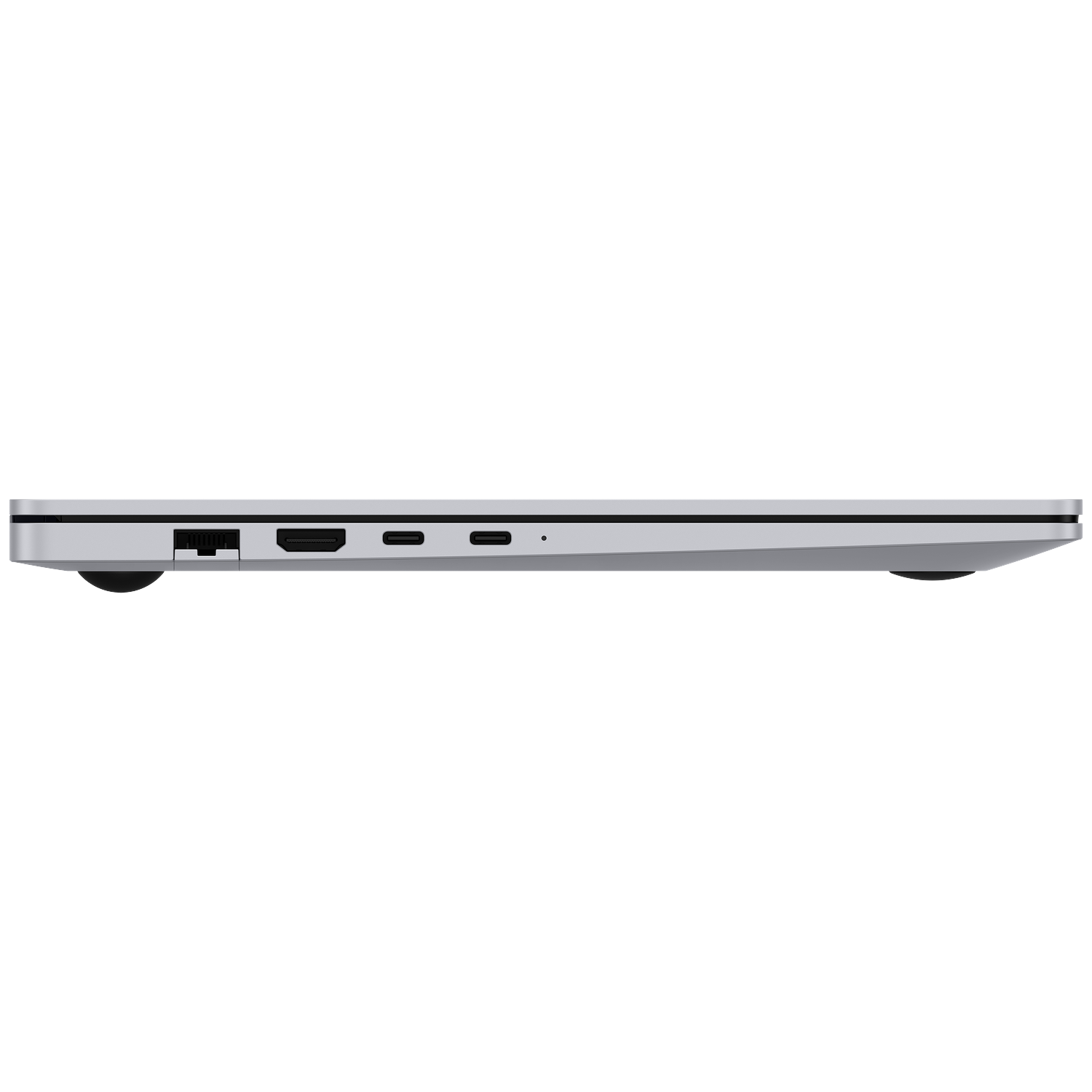 Zijaanzicht van een zilveren laptop met Ethernet-, HDMI- en USB-C-poorten.