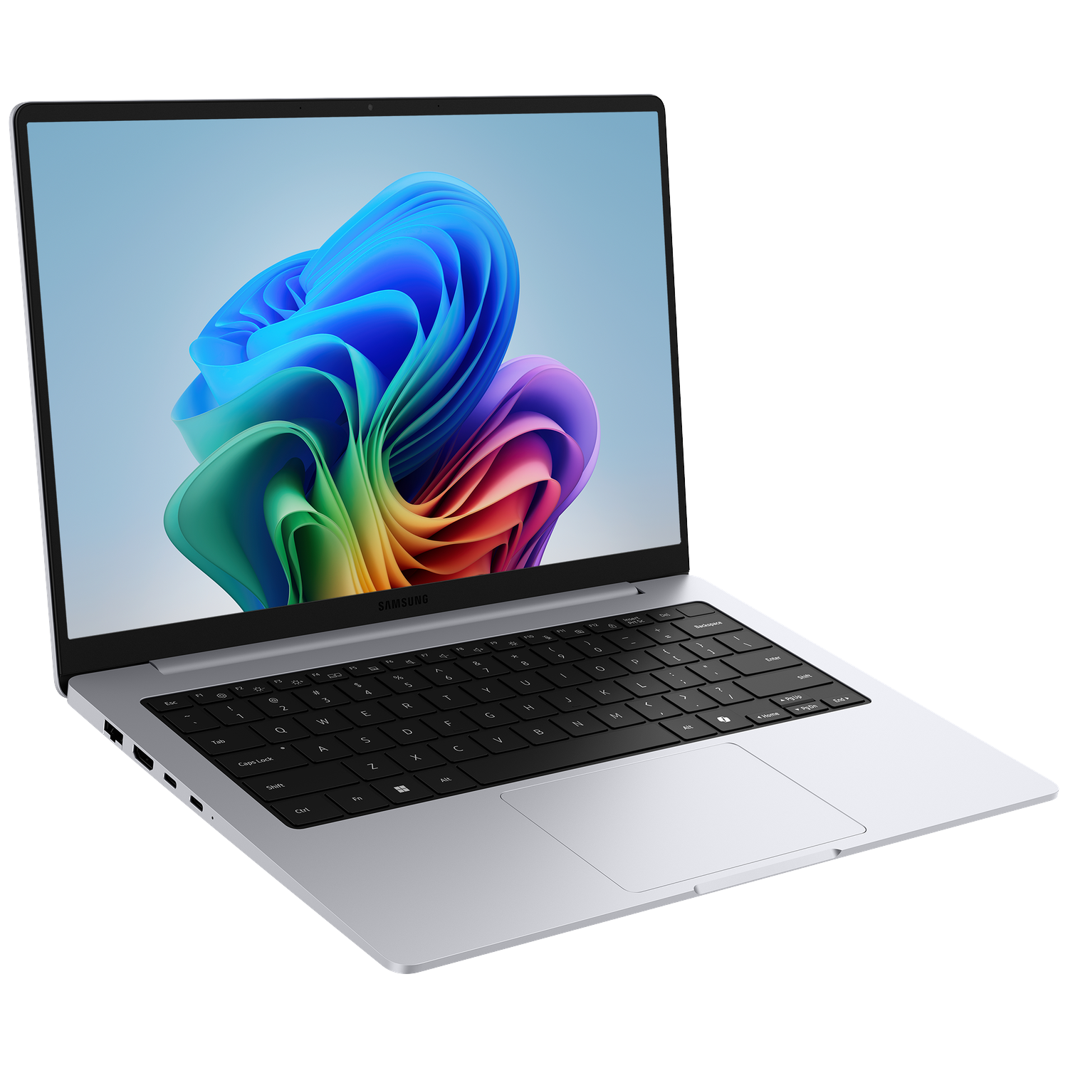 Een zilveren Samsung laptop met een kleurrijke abstracte wallpaper op het scherm.