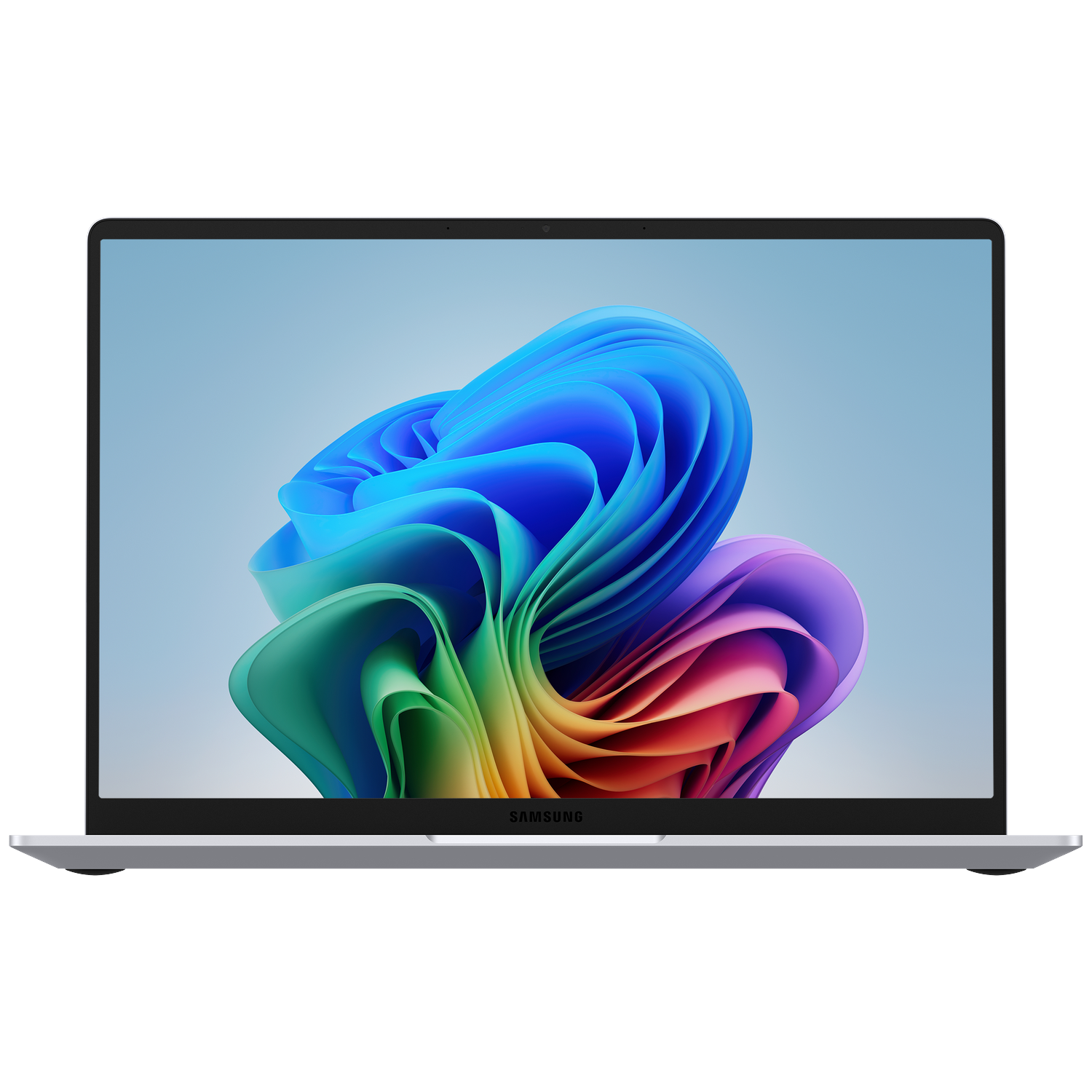 Een zilveren laptop met een kleurrijke abstracte achtergrond op het scherm.