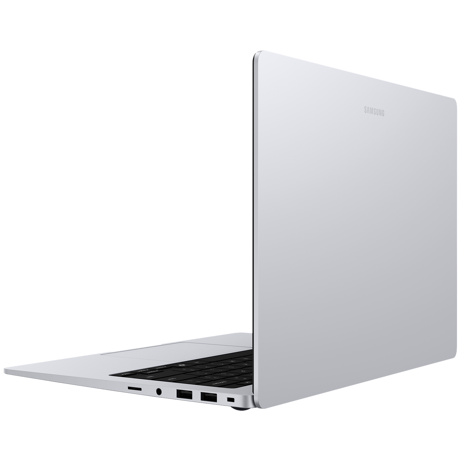 Een zilveren Samsung laptop met toetsenbord en poorten, van opzij gezien.
