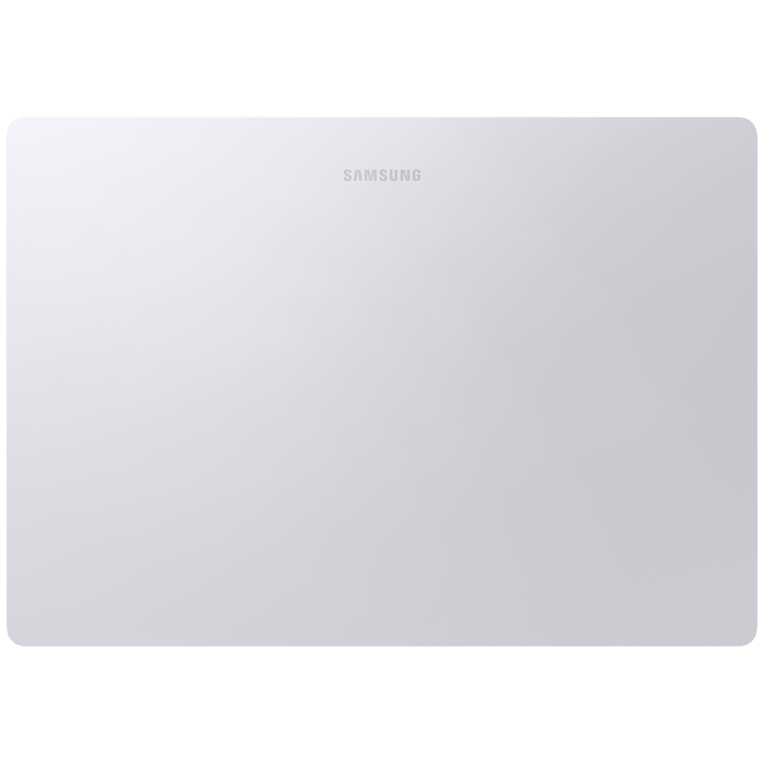 De zilveren achterkant van een Samsung tablet met afgeronde hoeken.