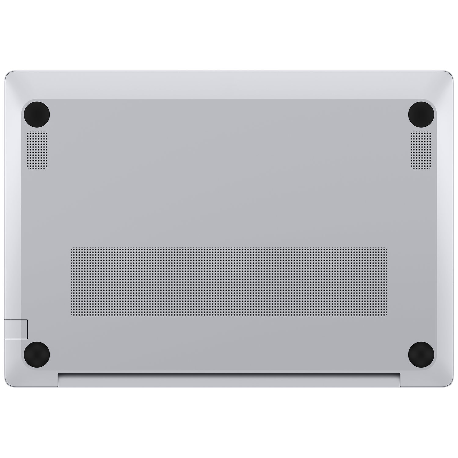 Onderkant van een laptop met ventilatieopeningen en rubberen voetjes.