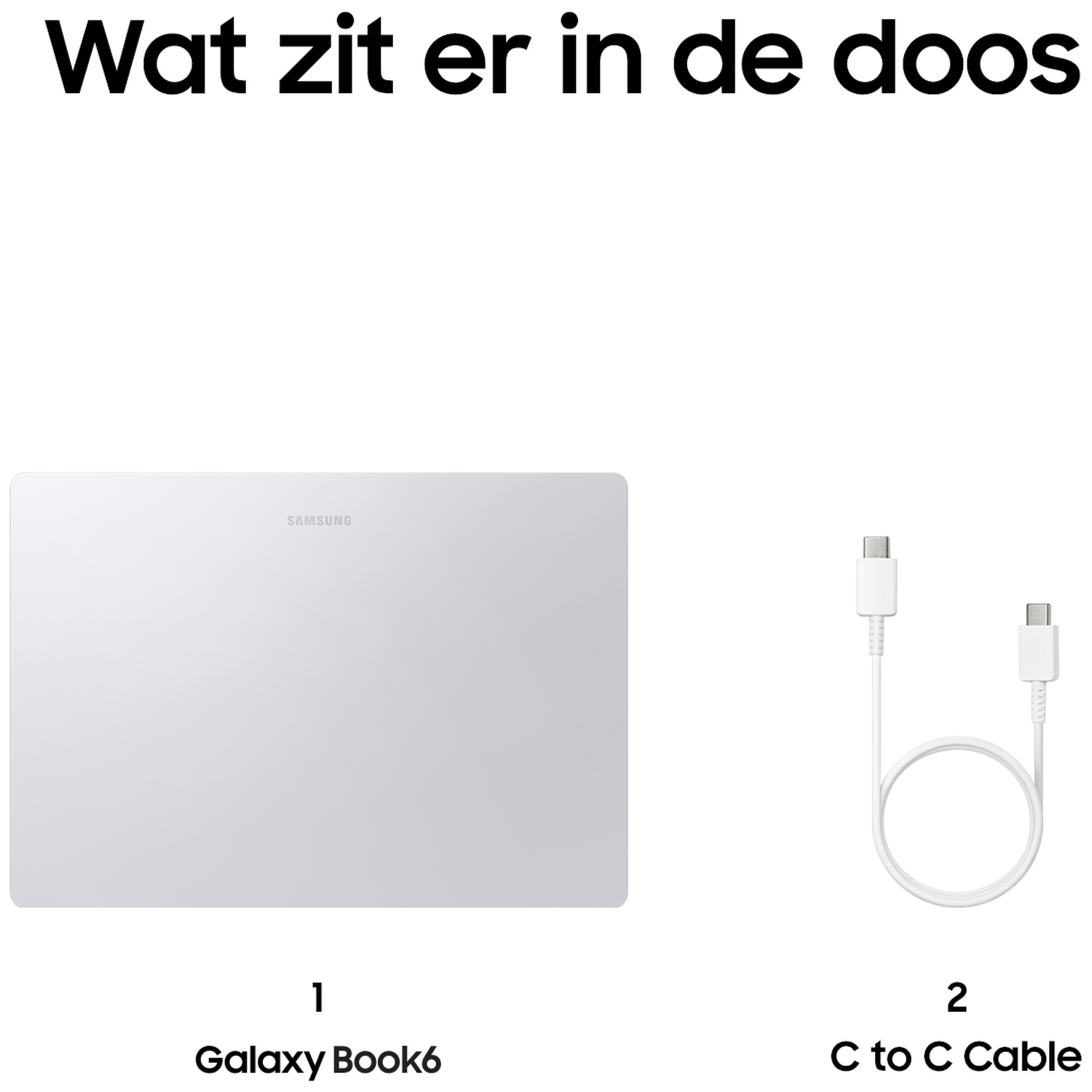 Een witte Samsung Galaxy Book6 en een witte USB-C kabel.