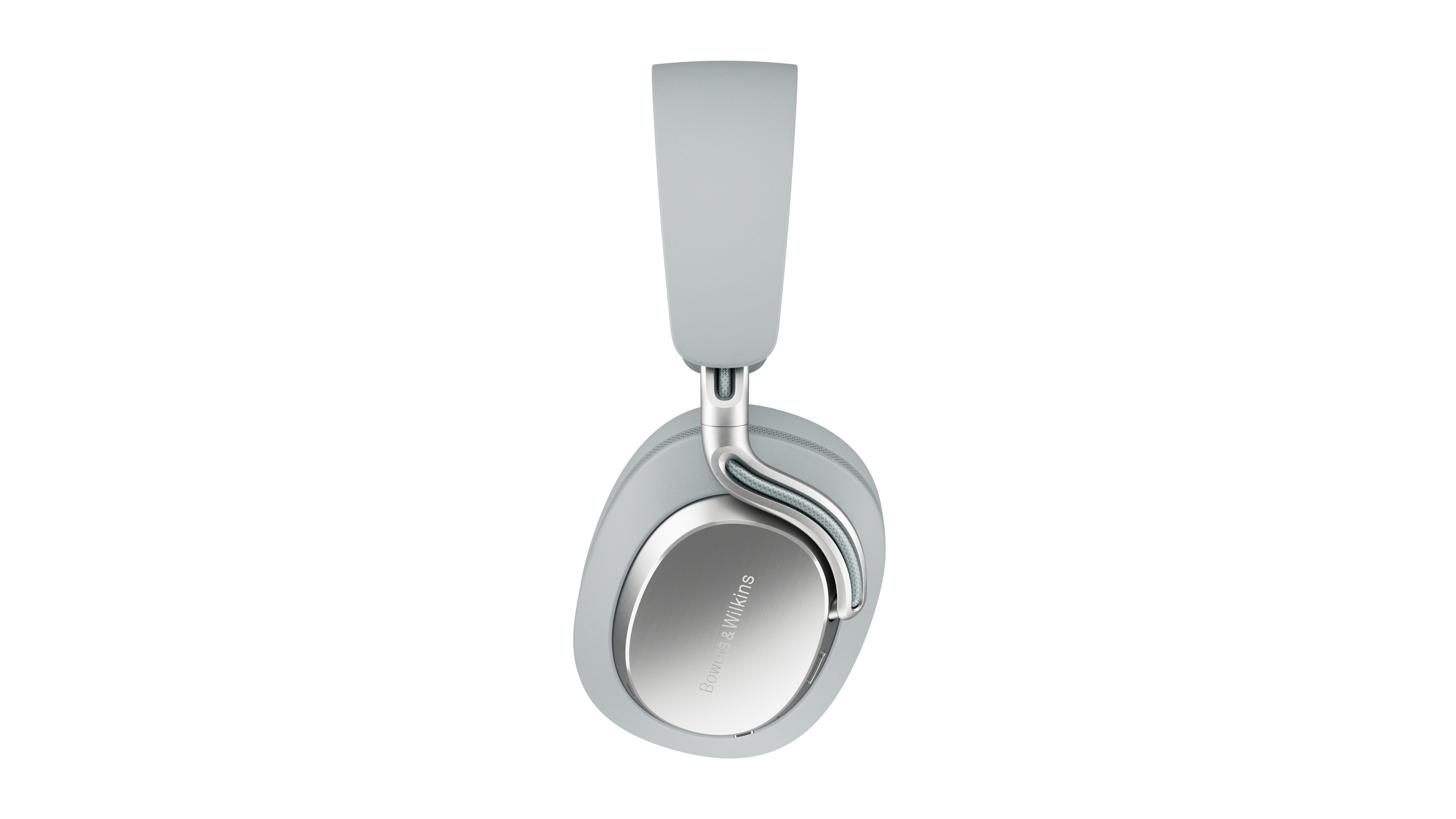 Graue Kopfhörer mit silbernem Detail und dem Bowers & Wilkins Logo.