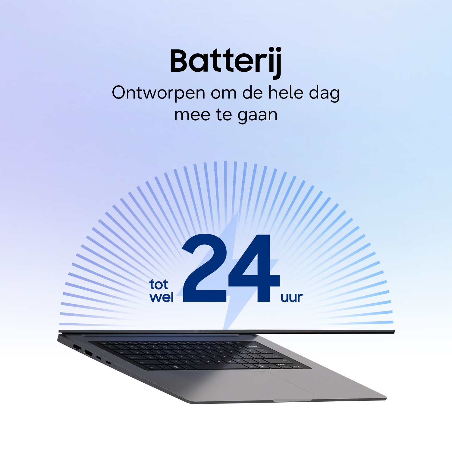 Een laptop met de tekst "Batterij" en "24 uur". Grafische lijnen stralen van het scherm.