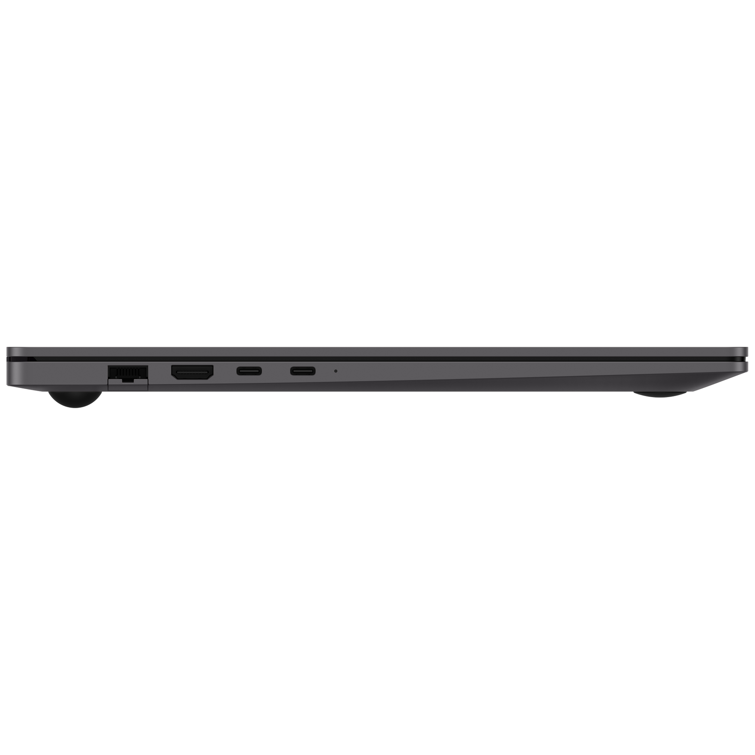 Zijaanzicht van een donkergrijze laptop, met poorten: Ethernet, HDMI, USB-C.