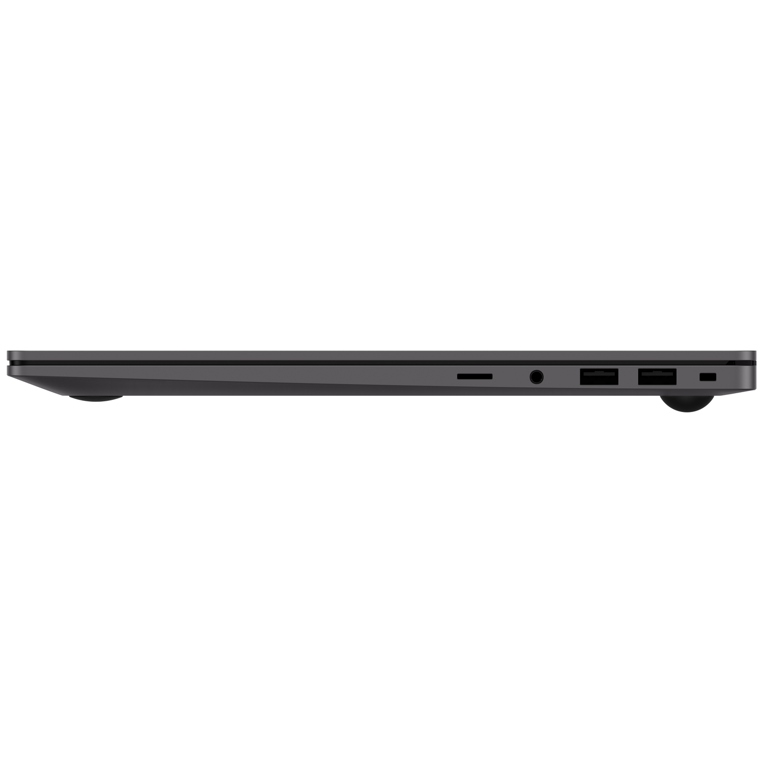 Zijaanzicht van een donkere laptop met open poorten aan de rechterrand.