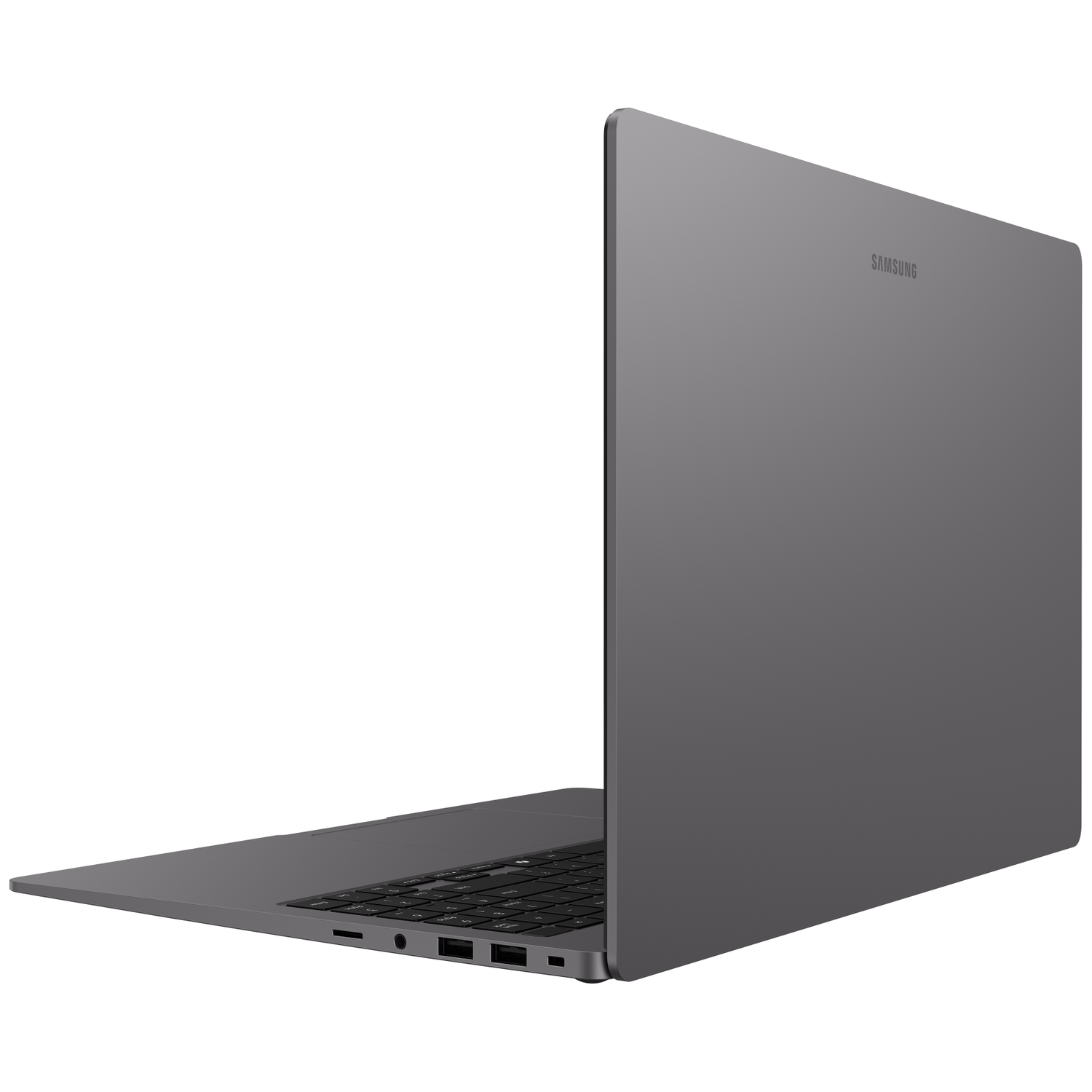 Een grijze Samsung laptop, van de zijkant en licht achteraan gezien, met toetsenbord.
