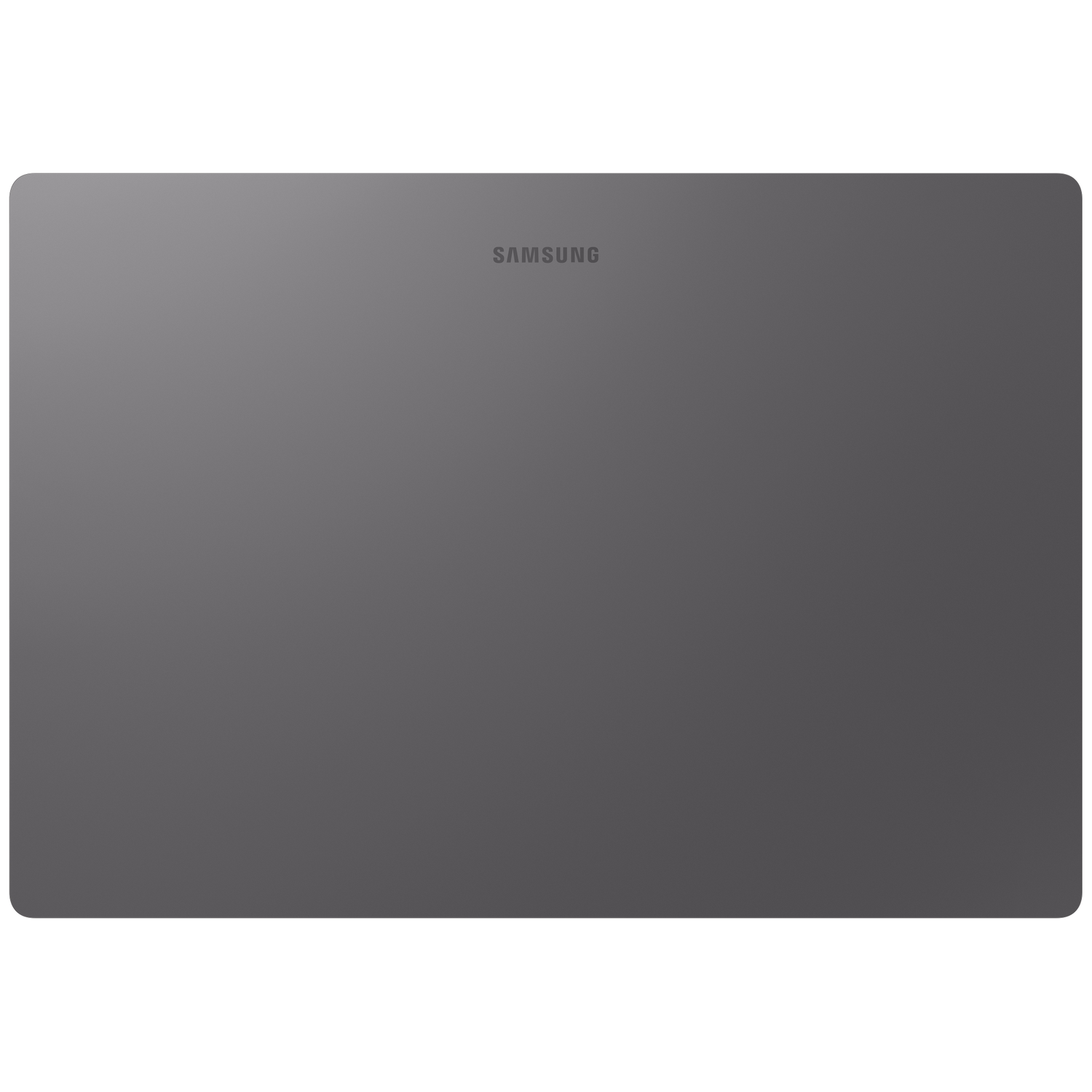 Donkergrijs Samsung tablet van achteren gezien, met afgeronde hoeken.