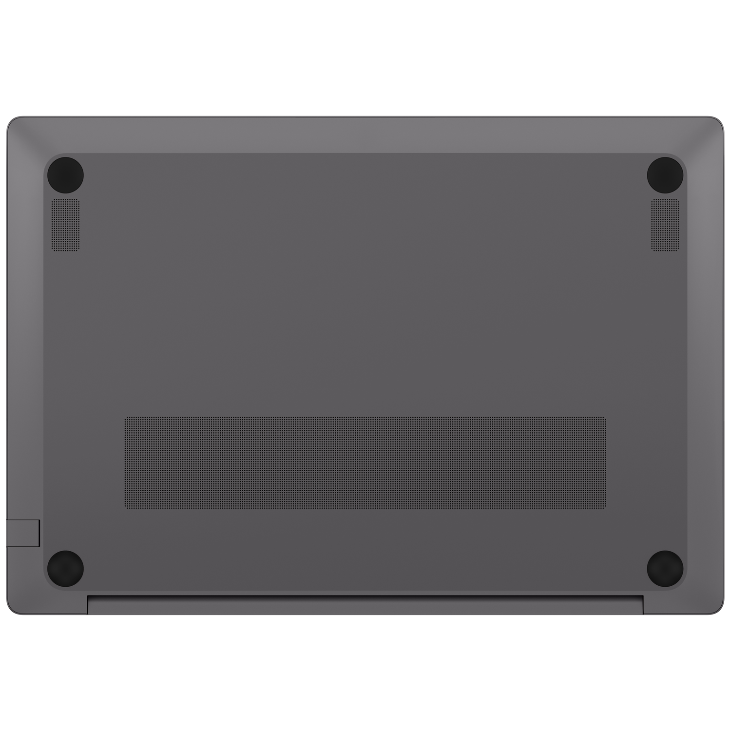 Onderkant van een donkere laptop met vier rubberen voetjes en ventilatieroosters.