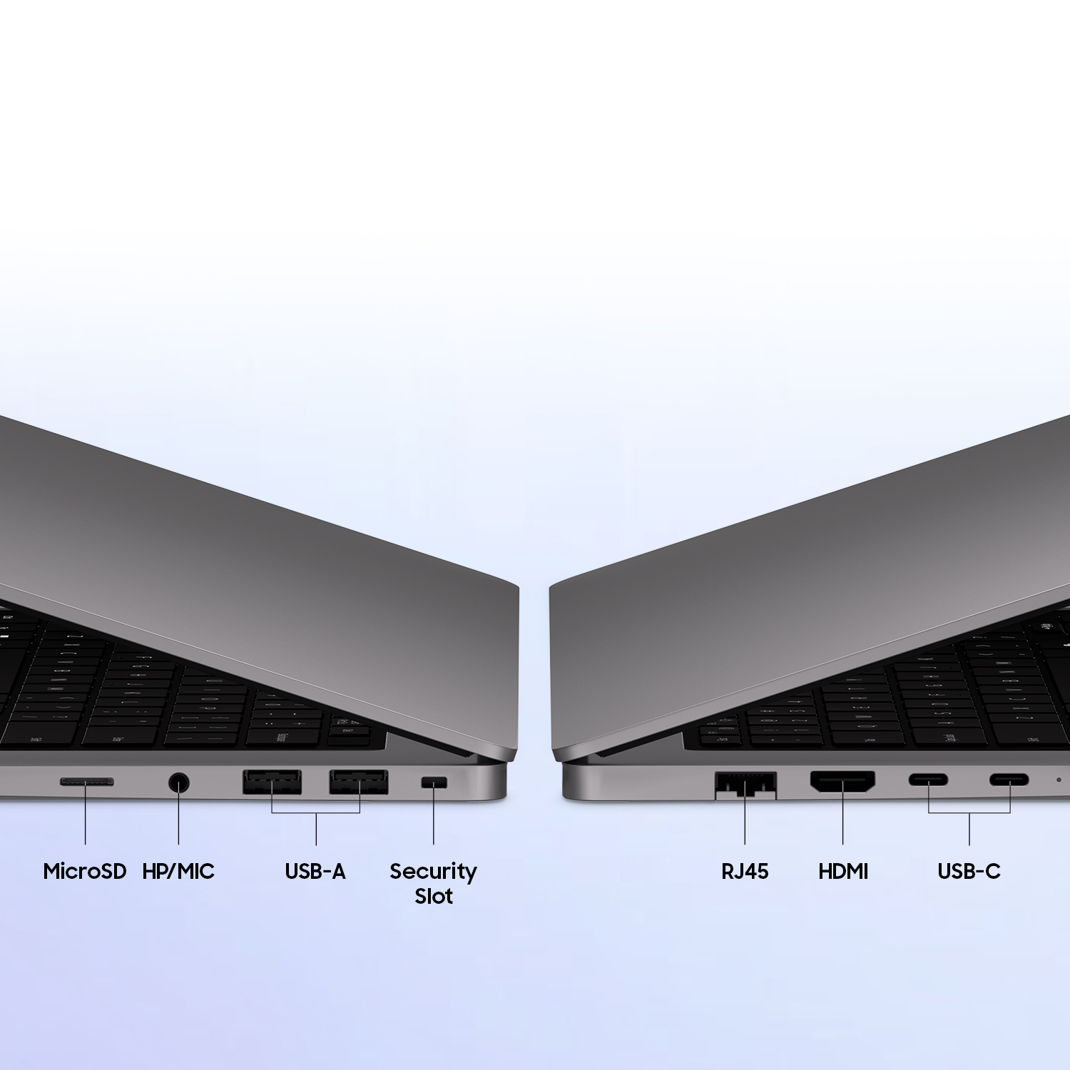 Close-up van twee laptopzijden met poorten: MicroSD, HP/MIC, USB-A, beveiligingssleuf, RJ45, HDMI, USB-C.