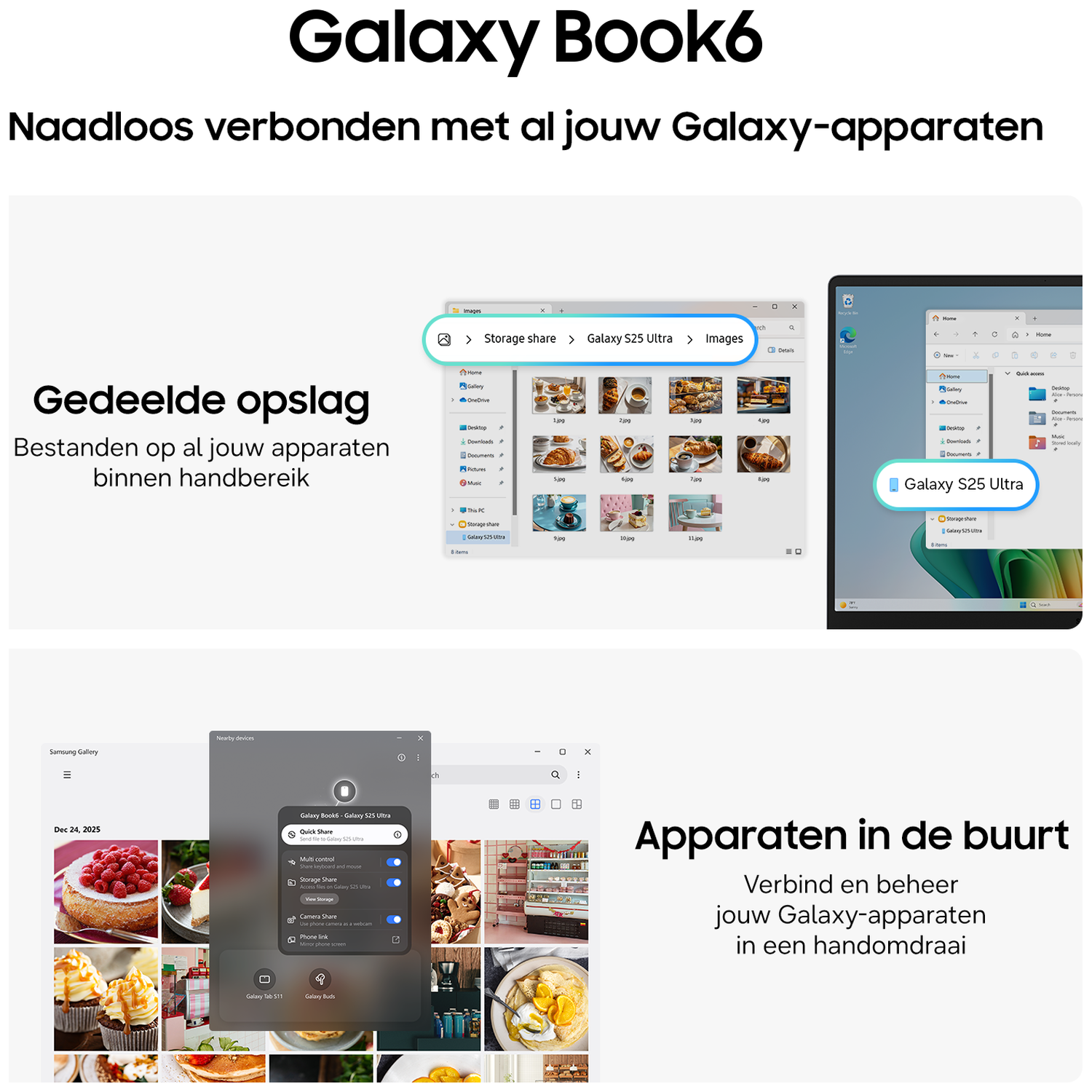 Galaxy Book6: Gedeelde opslag & apparaten in de buurt. Toont bestanden en verbonden apparaten.