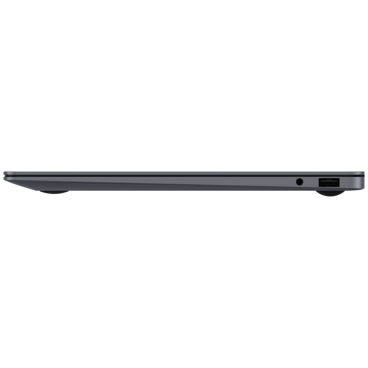 Side view of a slim gray laptop with USB and headphone ports.