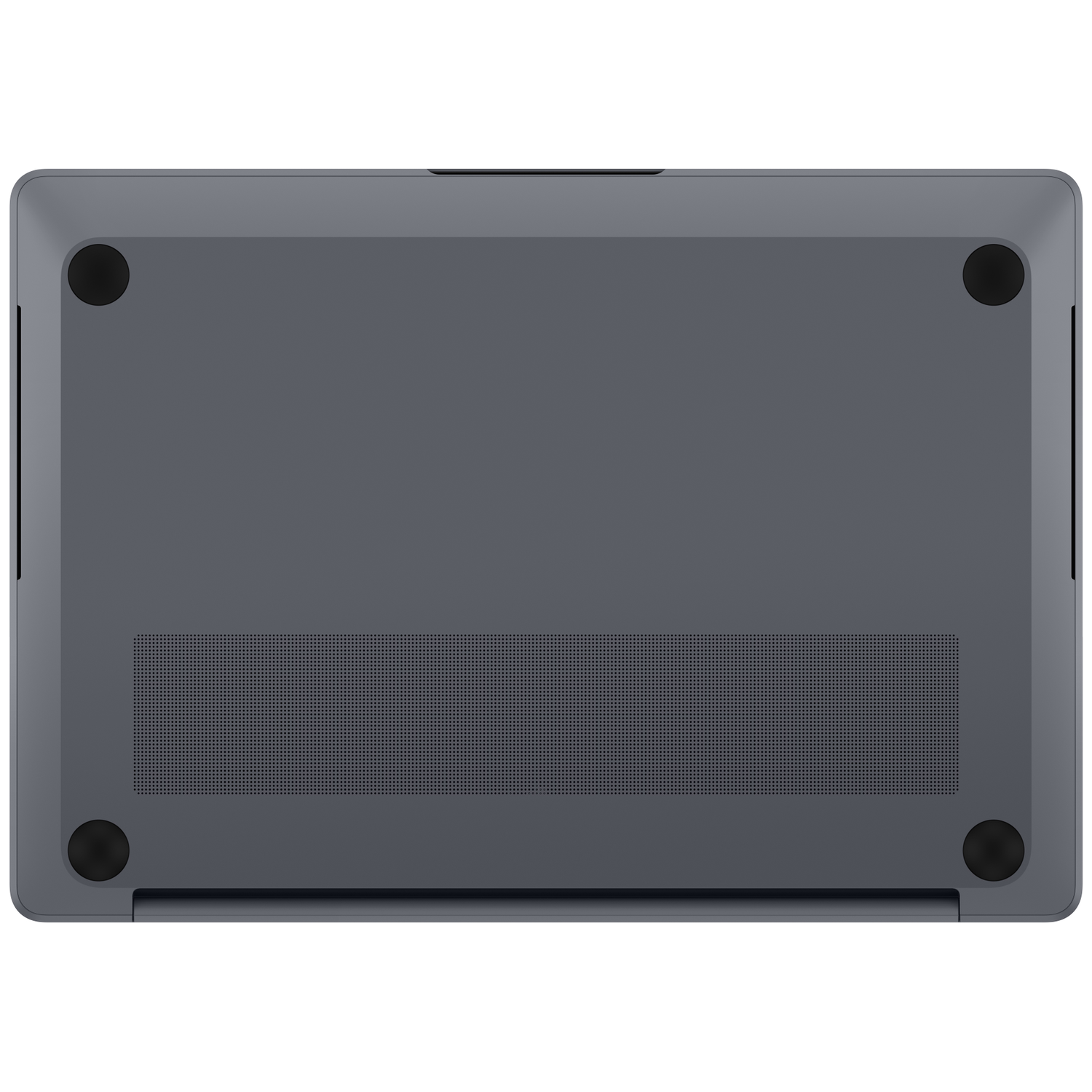 Underside of a gray laptop with ventilation slots and rubber feet.