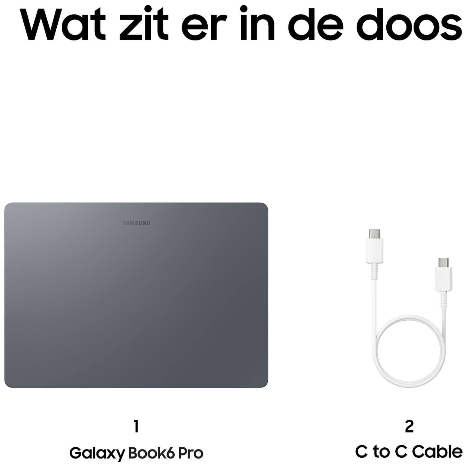A grey Samsung Galaxy Book6 Pro and a white USB-C cable.
