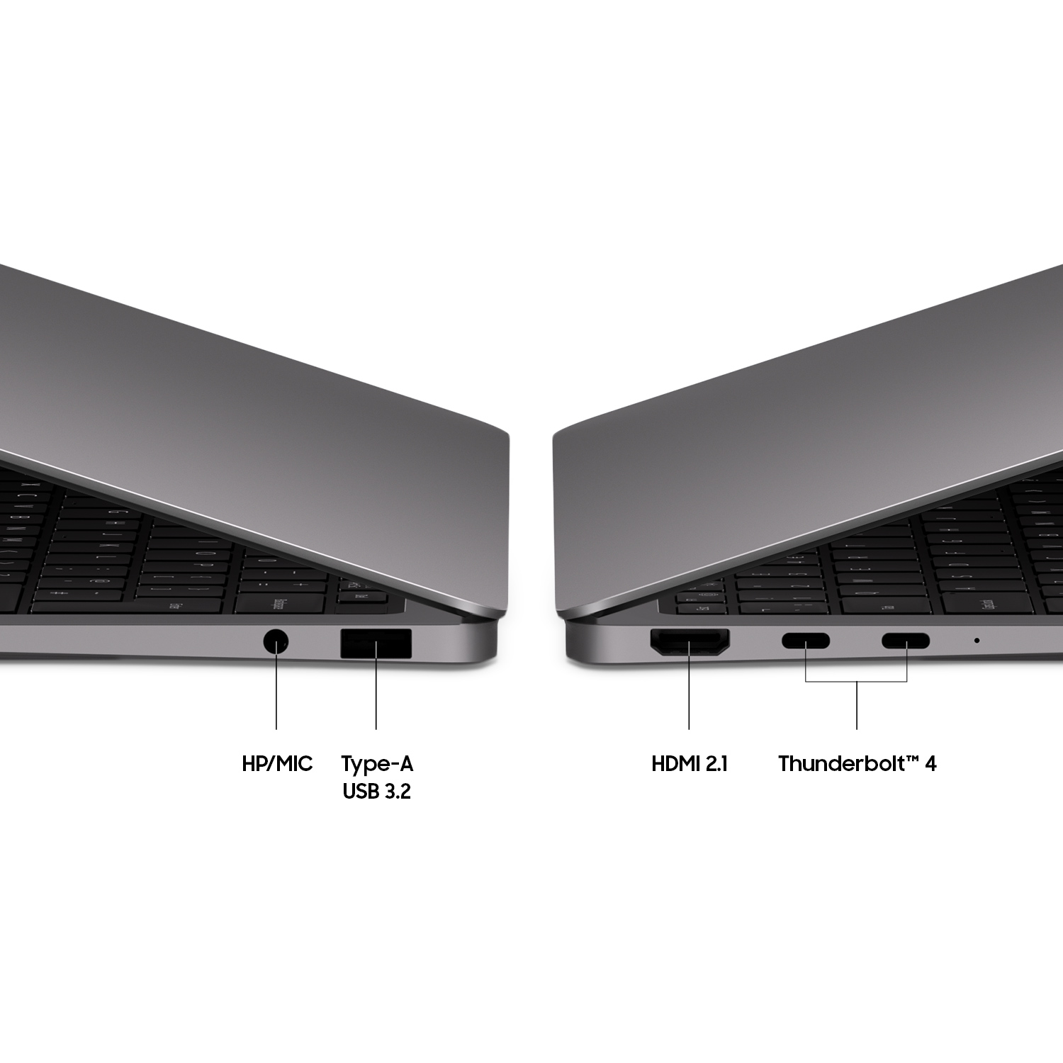 Close-up of a gray laptop's left and right sides, showing ports: HP/MIC, USB-A 3.2, HDMI 2.1, Thunderbolt 4.