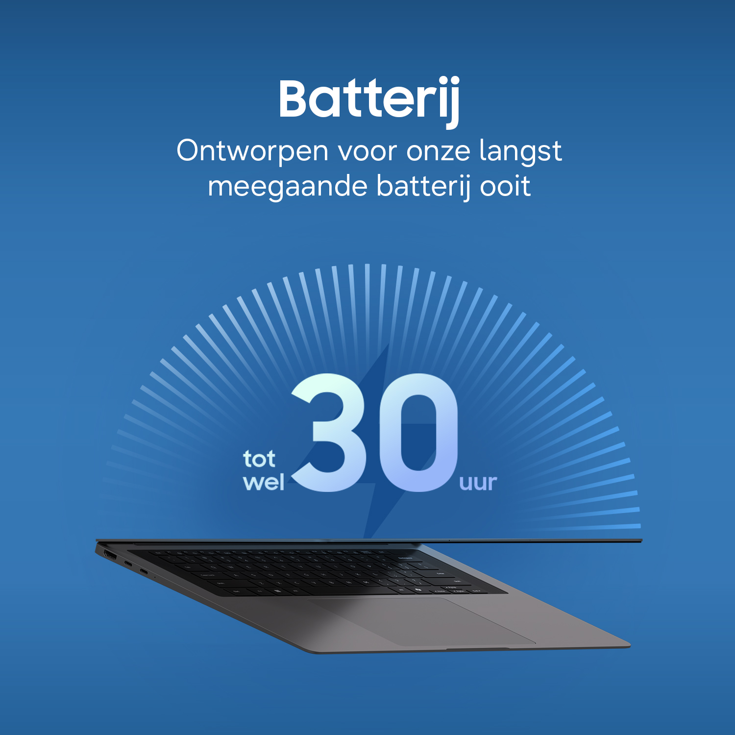 A laptop with "Batterij" and "30 uur" text on a blue background.