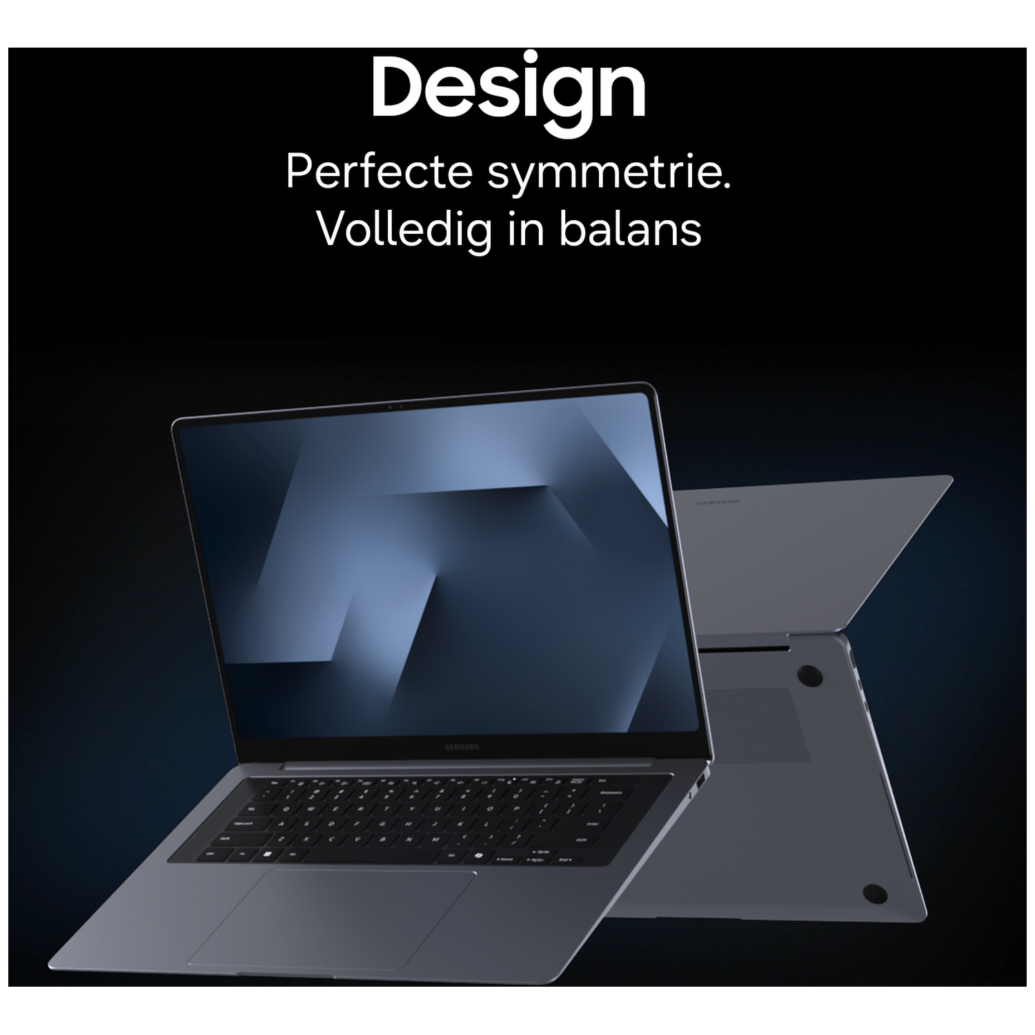 An open grey laptop with an abstract blue background displayed on the screen.