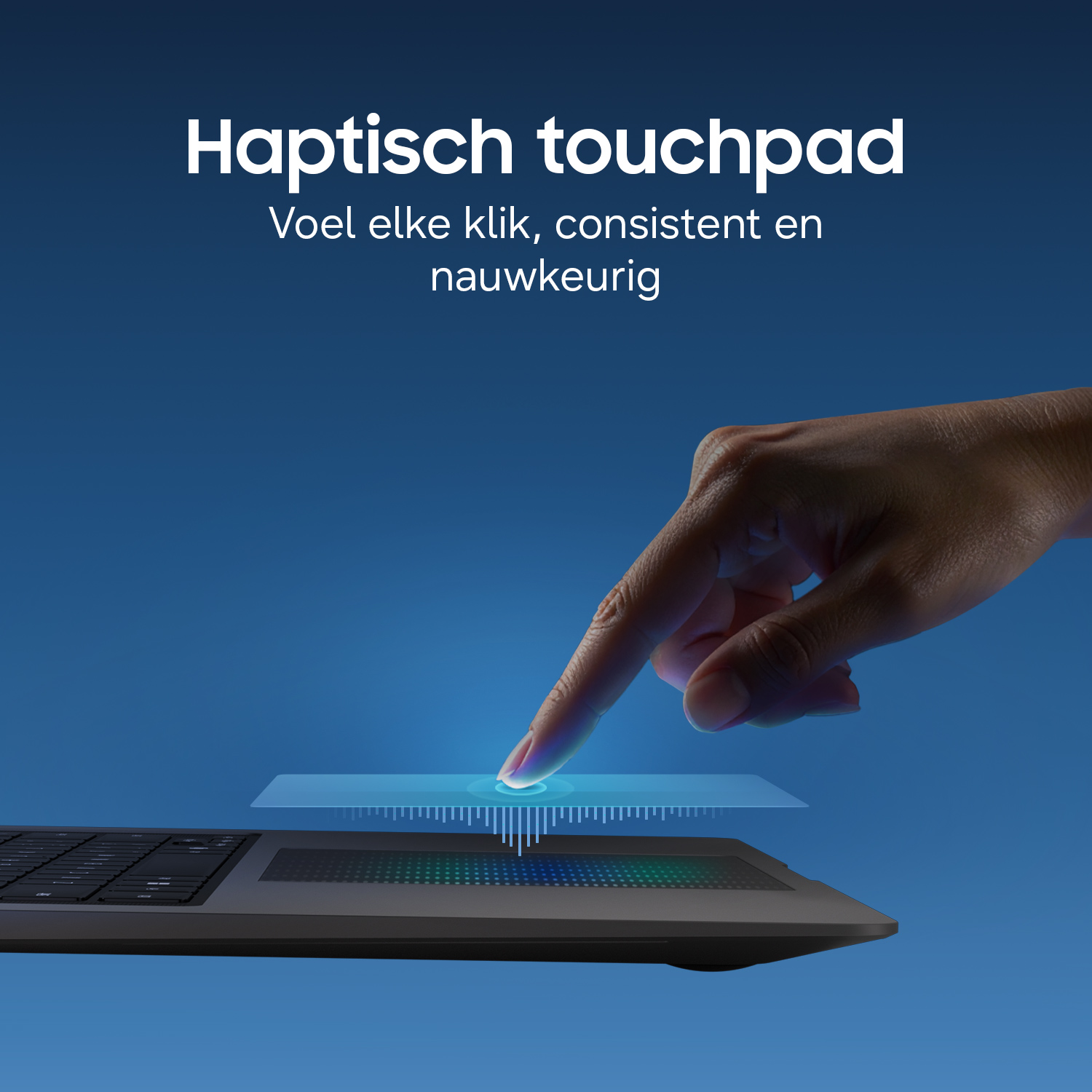 A finger touches a touchpad with glowing lines and dots.