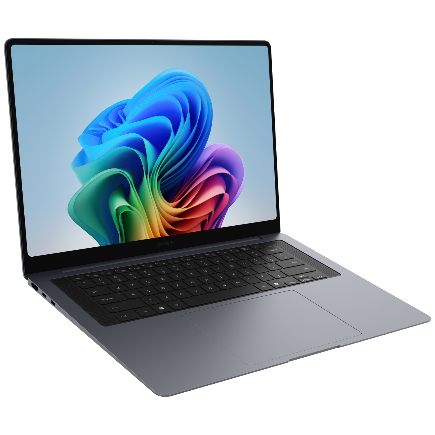 Een open, donkergrijze laptop met een kleurige, abstracte achtergrondafbeelding op het scherm.