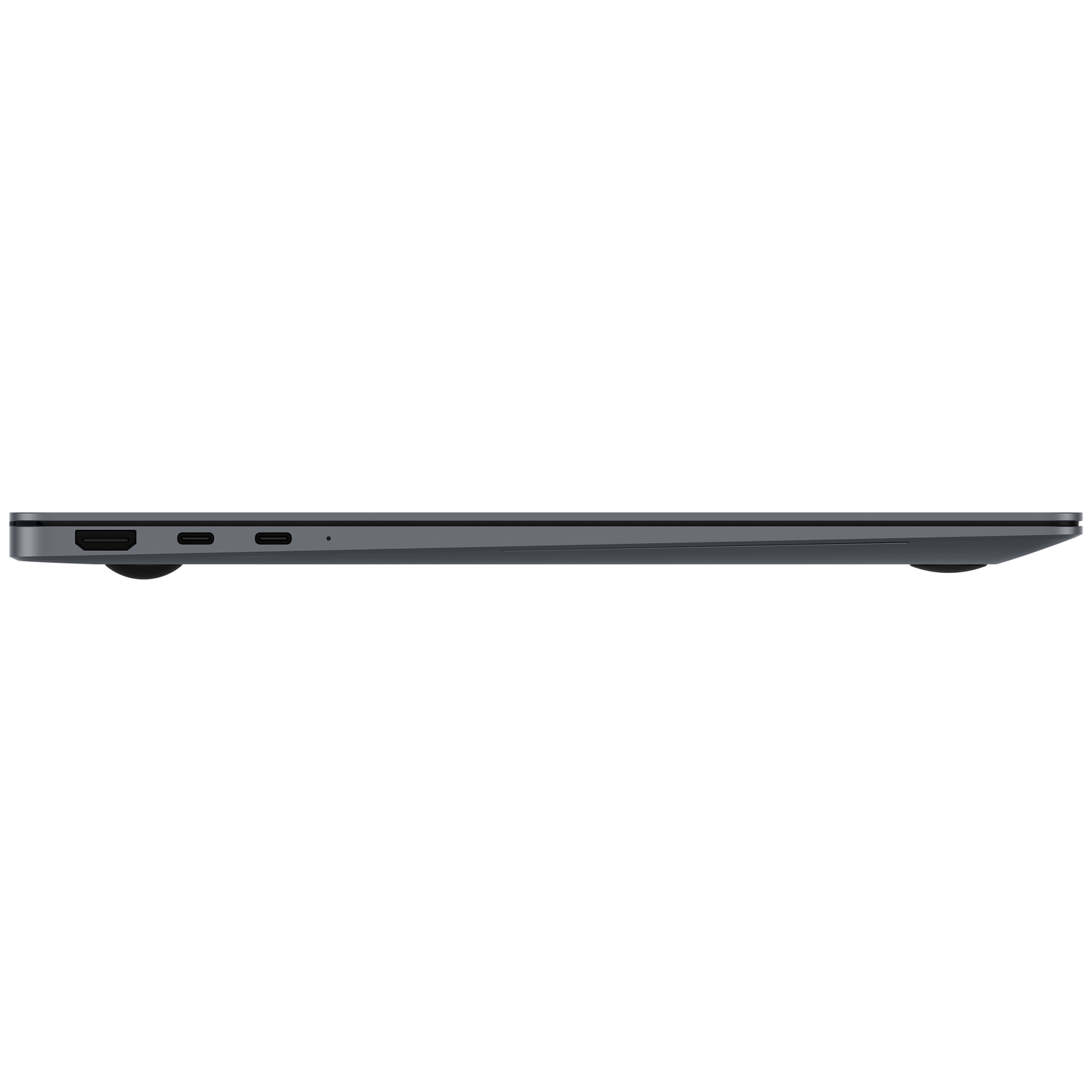 Grijze laptop met poorten aan de zijkant, witte achtergrond.