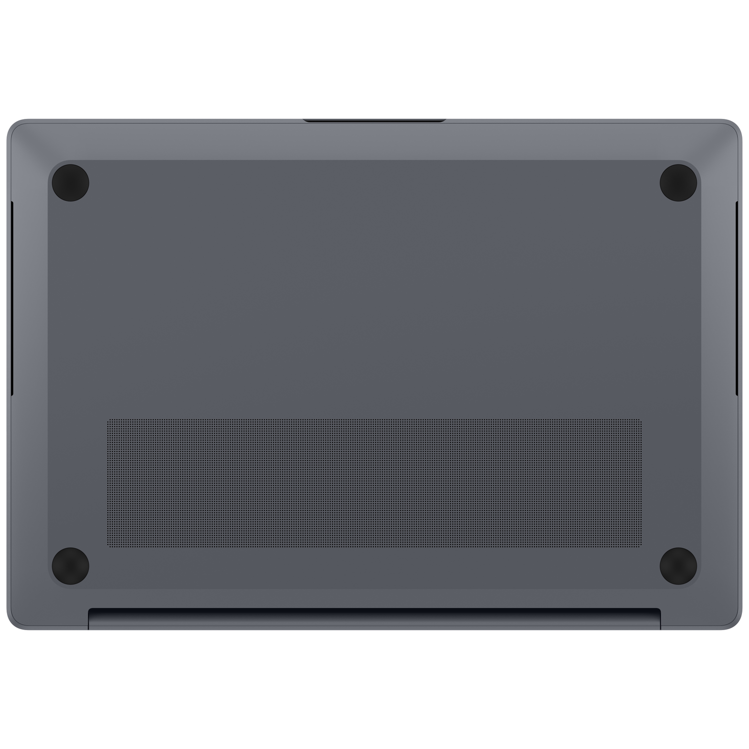 Onderkant van een donkergrijze laptop met vier zwarte rubberen voetjes en een ventilatierooster.