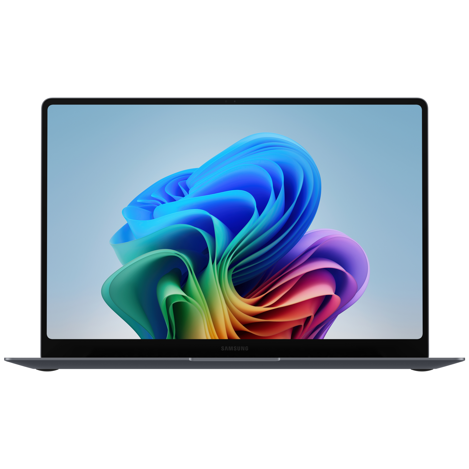 Een donkere Samsung laptop met een kleurrijk, wervelend behang op het scherm.