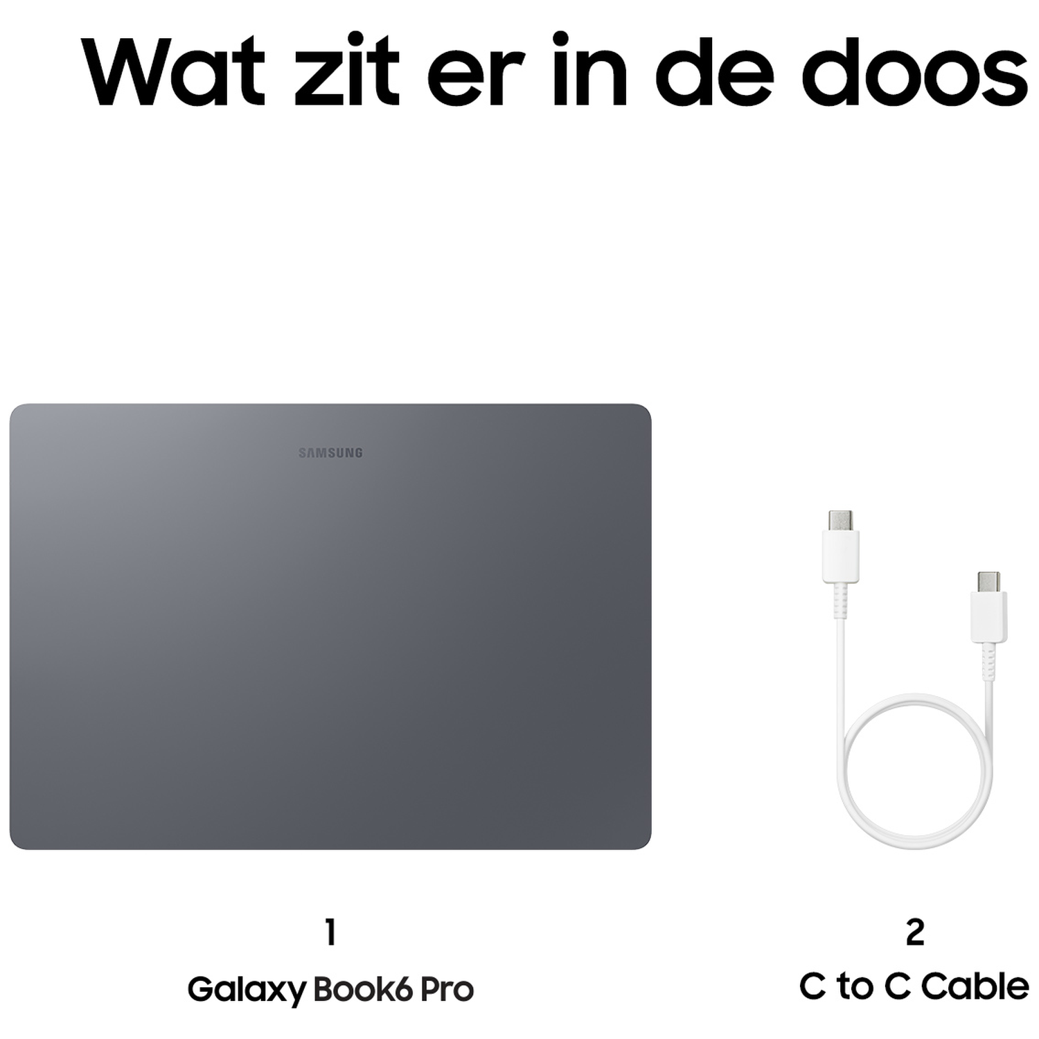 Grijze Samsung Galaxy Book en een witte C naar C kabel.