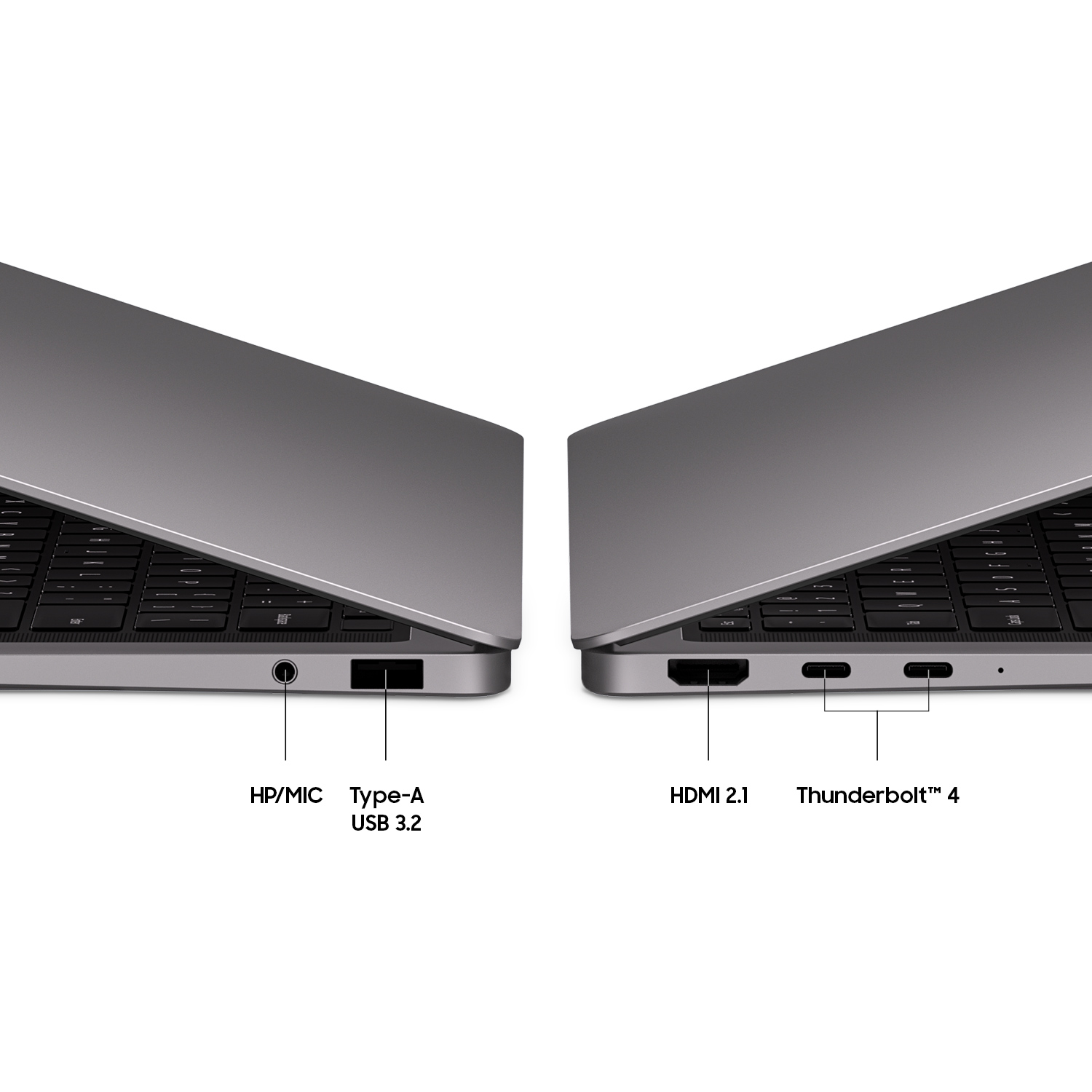Grijze laptop met poorten: HP/MIC, USB-A 3.2, HDMI 2.1, Thunderbolt 4.